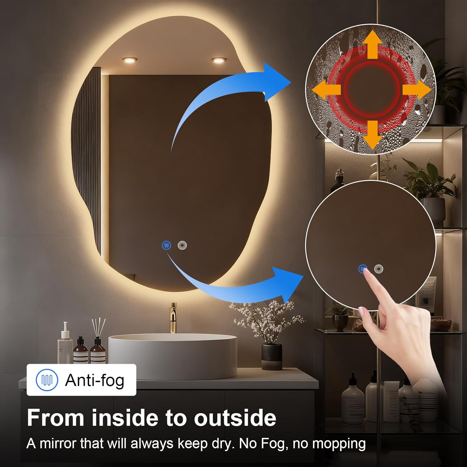 Asymmetrical Bathroom Mirror with Lights,Irregular LED Bathroom Vanity Mirror with Backlit,Anti-Fog,3 Colors and Dimmable Light with Memory,Hardwired Supported[Horizontal/Vertical] 40" H x 30" W