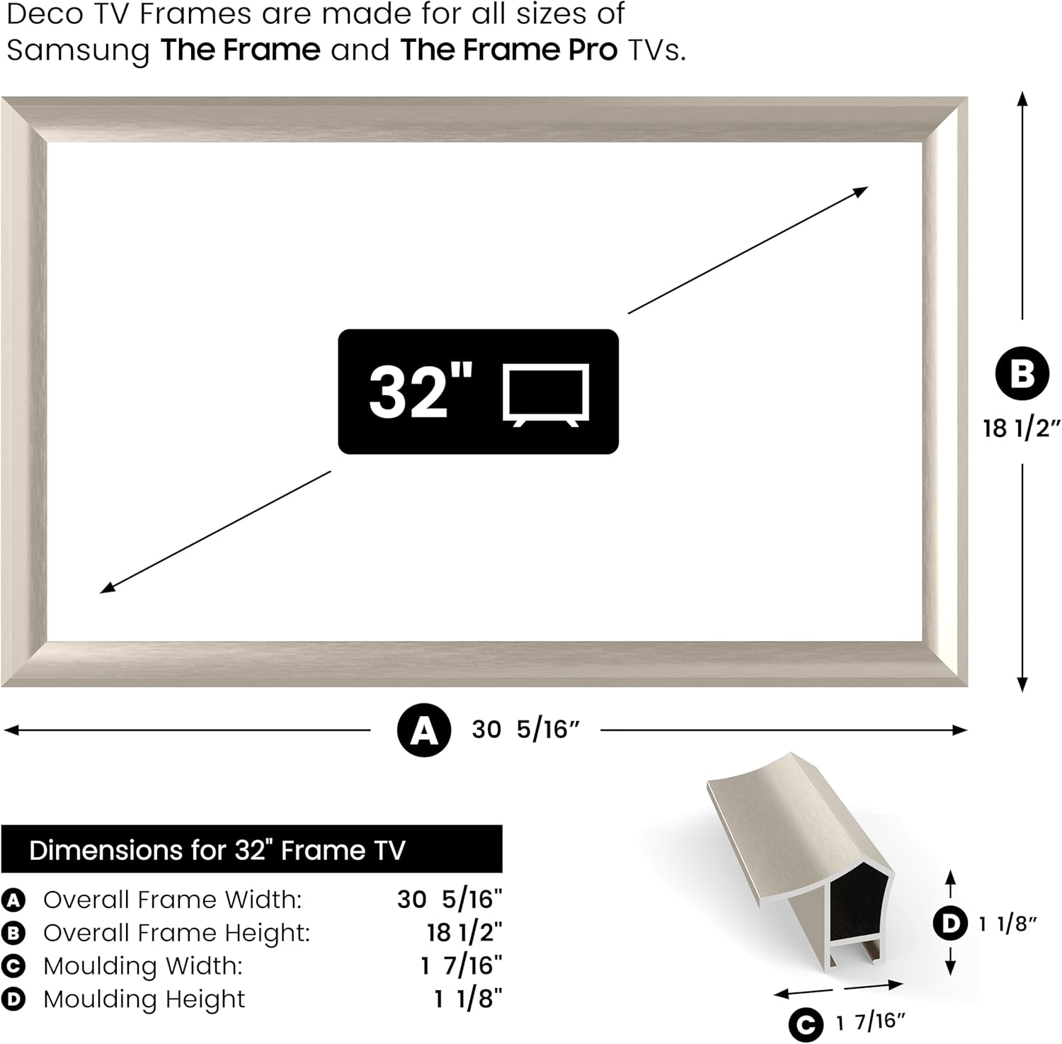 German Silver Prismatic 32" Alloy Deco TV Frame - Compatible ONLY with Samsung The Frame TVs (Fits 2021-2025, LS03A, LS03B, LS03C, LS03D, LS03FA)