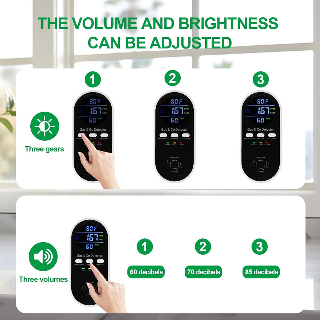 5-in-1 Carbon Monoxide Detector & Natural Gas Leak Alarm,AC-Plug-in CO Alarm & Explosive Gas Detector Battery Backup with Temperature(°F) & Humidity,Three Levels Volume & Brightness for Home,RV,Hotel
