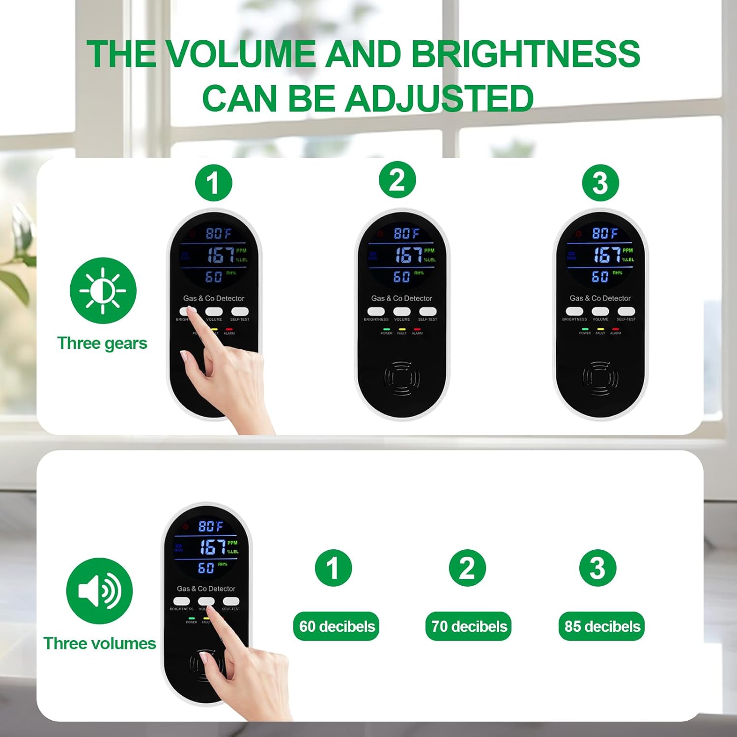 5-in-1 Carbon Monoxide Detector & Natural Gas Leak Alarm,AC-Plug-in CO Alarm & Explosive Gas Detector Battery Backup with Temperature(°F) & Humidity,Three Levels Volume & Brightness for Home,RV,Hotel