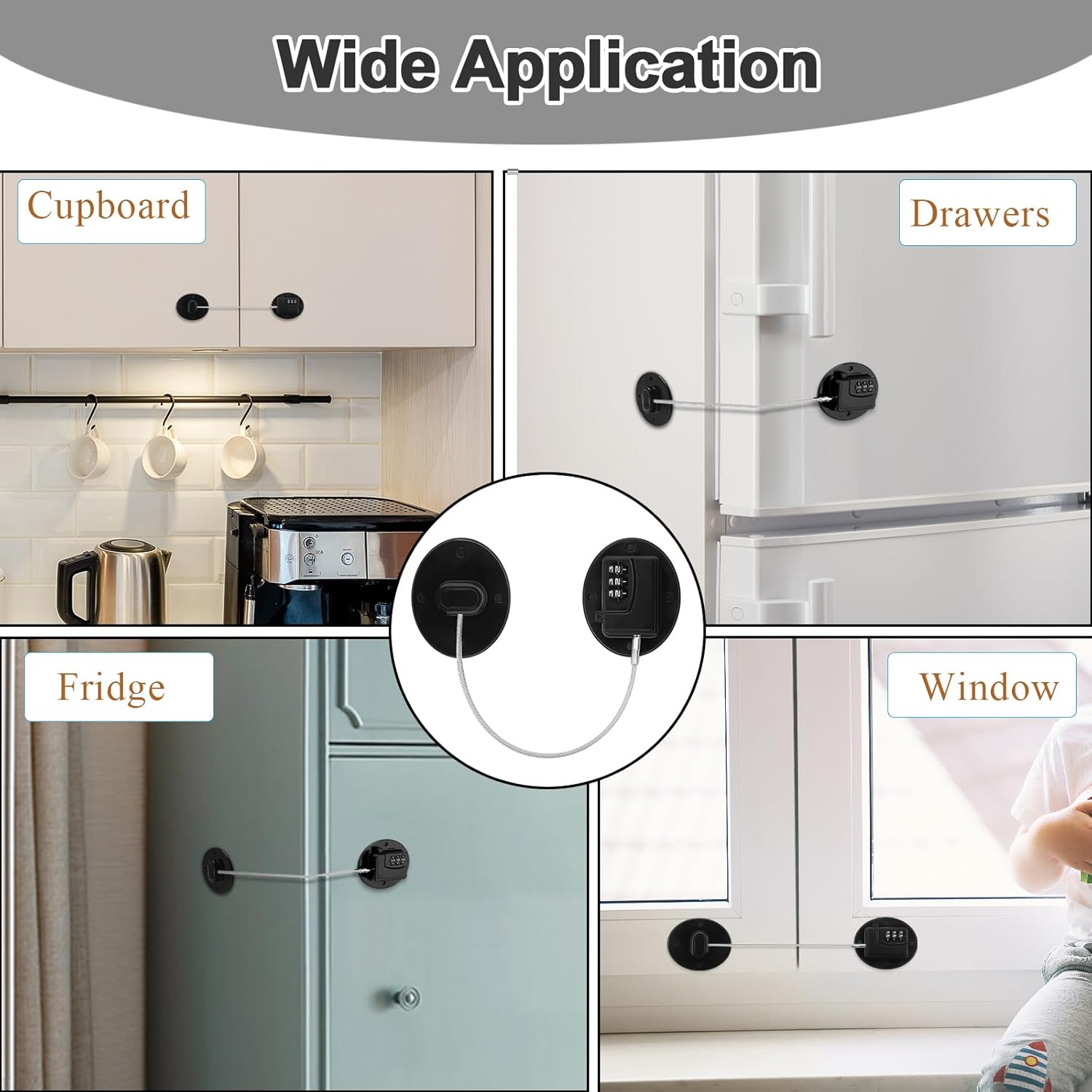 4 Pack Refrigerator Lock Combination, No-Drill Fridge Lock with Password Refrigerator Door Locking Safety Freezer Door (Black)