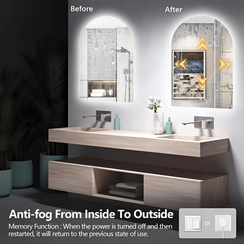 Niccy Arched LED Bathroom Mirror, 40x24 Inch Arch Frameless Backlit Mirrors for Wall Arched Lighted Vanity Mirrors Defogger and 3 Color, Explosion-Proof, HD Glass and IP65 Waterproof