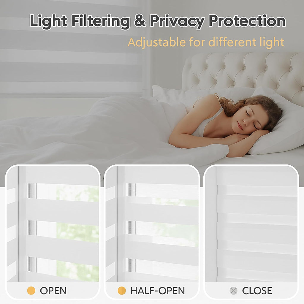 Shadesu Cordless Zebra Blinds for Windows, 28" W x 72" H, White, Dual Layer Free-Stop Zebra Shades, Light Control for Day and Night, Sheer Blinds for Indoor Windows, Bedroom, Kitchen