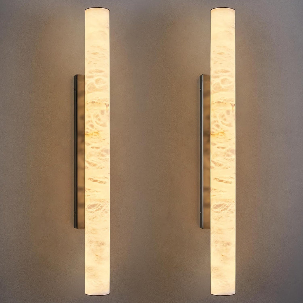 LMQNINE Natural Alabaster Wall Sconces Set of Two Spanish Marble Wall Light Cylinder Modern Black LED Sconce for Living Room Bedroom Bathroo Stairs（L-2Pack）