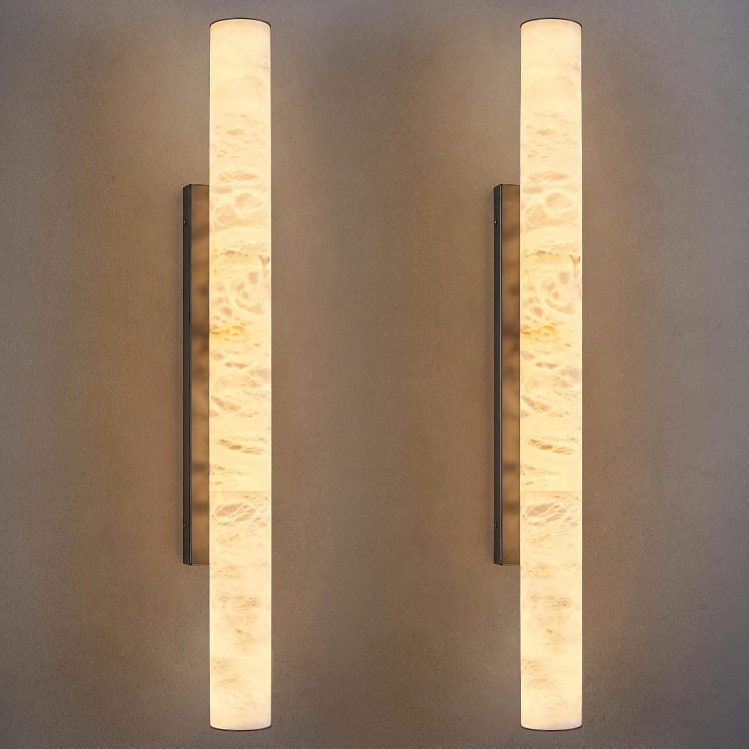 LMQNINE Natural Alabaster Wall Sconces Set of Two Spanish Marble Wall Light Cylinder Modern Black LED Sconce for Living Room Bedroom Bathroo Stairs（L-2Pack）