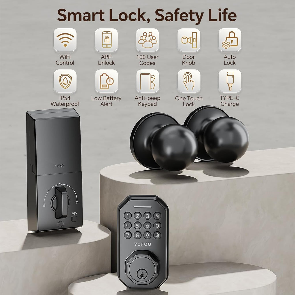 Keyless Entry Door Lock with 2 Knobs App Control Smart Locks for Front Door WiFi Door Lock Set Automatic Lock One Time Password Anti Peeping Password IP54, Black
