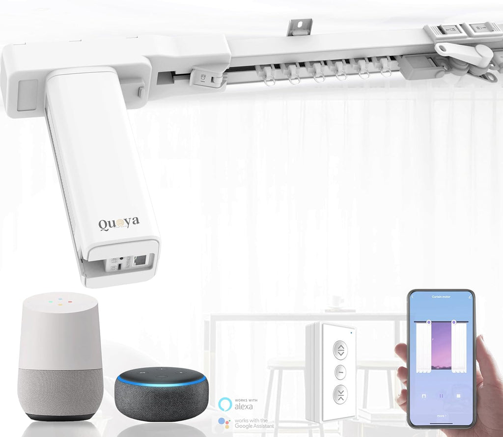 QUOYA BL01 Smart Electric Curtain Track 【Beltless, Adjustable Up to 7m, No Cutting, Adjustable Speed, Quiet, Works with Alexa, Google, Siri, Apple Watch, Remote Included】 (Two Way Cental Opening ONLY)