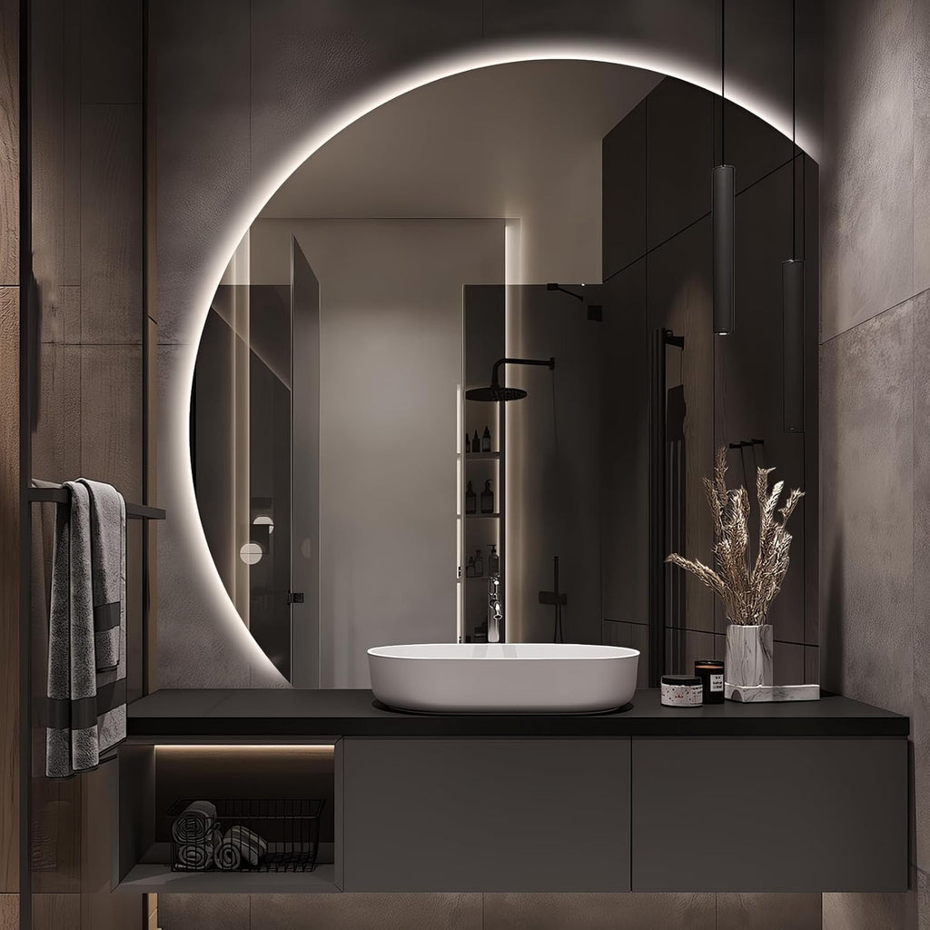 Niccy Half Moon LED Mirror for Bathroom, 44" Semi Backlit Mirrors Frameless Makeup Mirror with Light, Anti-Fog, Shatter-Proof, 3 Colors, Smart Vanity Mirrors