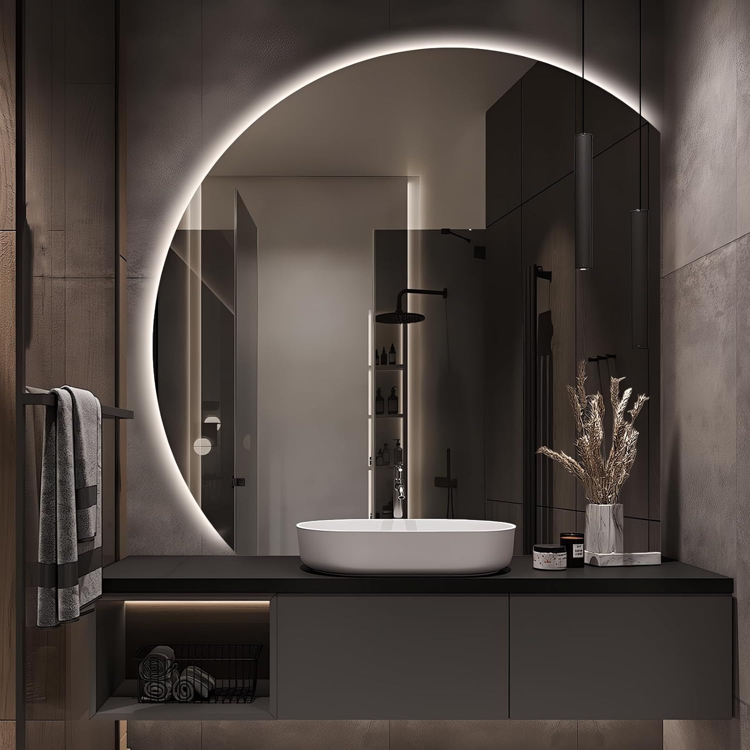 Niccy Half Moon LED Mirror for Bathroom, 44" Semi Backlit Mirrors Frameless Makeup Mirror with Light, Anti-Fog, Shatter-Proof, 3 Colors, Smart Vanity Mirrors