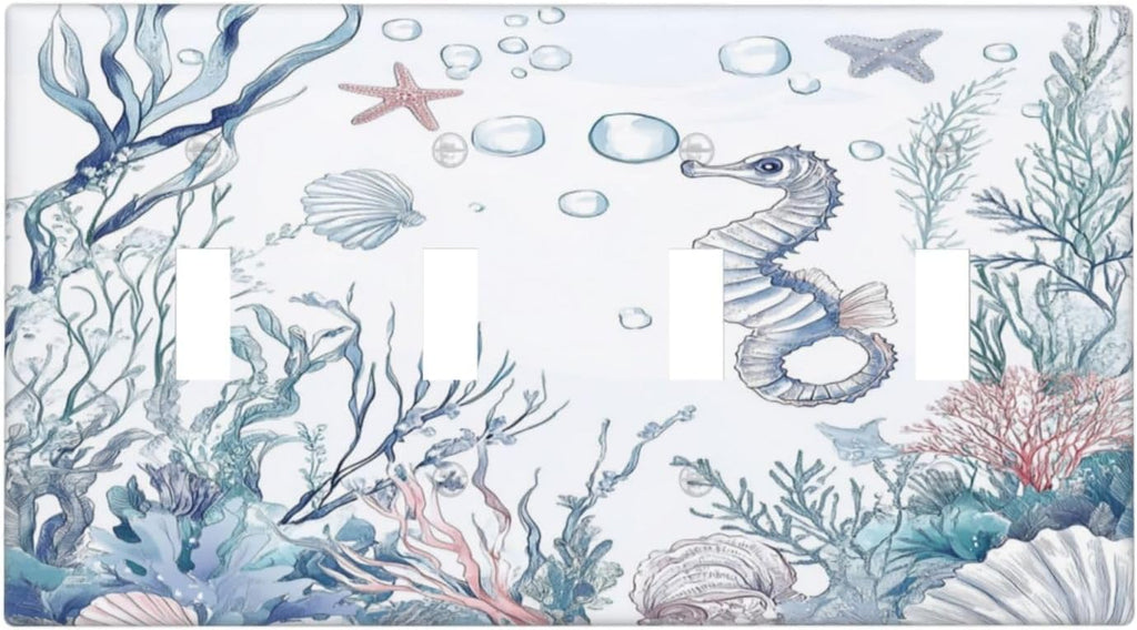 Light Switch Covers Ocean Coral Seahorse Seashell Starfish Quad Toggle Electrical Faceplate 4 Gang Wall Plate Decorative Switch Plates For Bathroom Home Decor
