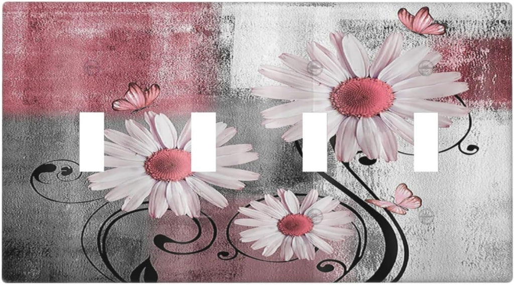 Light Switch Covers Pink Floral Rustic Daisy Flower And Butterfly Quad Toggle 4 Gang Wall Plate Electrical Faceplate Decorative Switch Plates for Farmhouse Cabin Decor