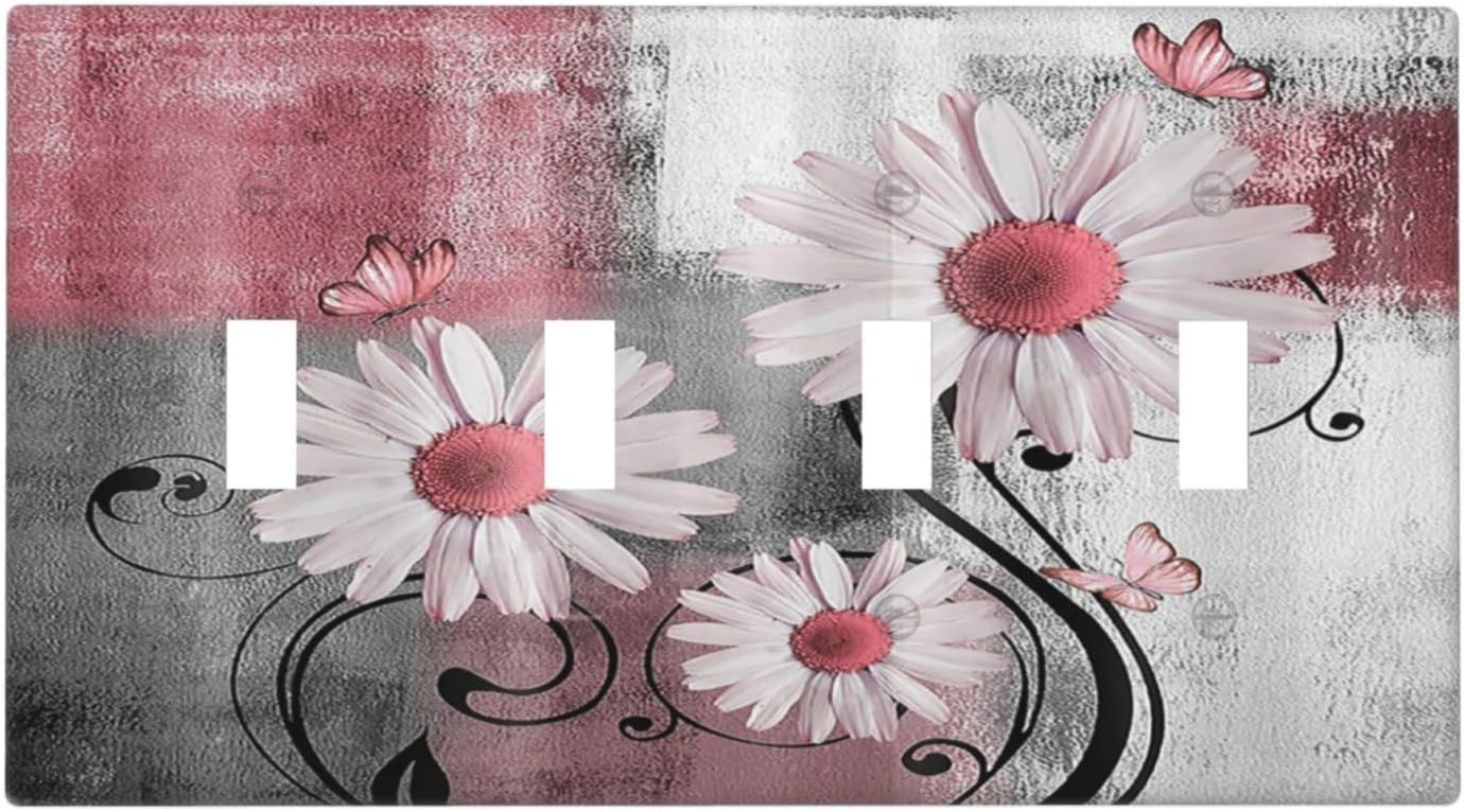 Light Switch Covers Pink Floral Rustic Daisy Flower And Butterfly Quad Toggle 4 Gang Wall Plate Electrical Faceplate Decorative Switch Plates for Farmhouse Cabin Decor
