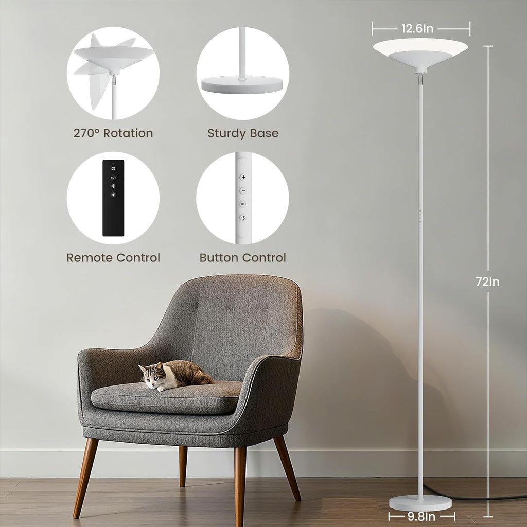 White Torchiere Floor Lamp - 30W Dimmable LED Standing Lamp with Remote/Button Control, 1800Lm, 3000-6500K, 72in Bright Standing Pole Light for Living Room Bedroom Office Corner