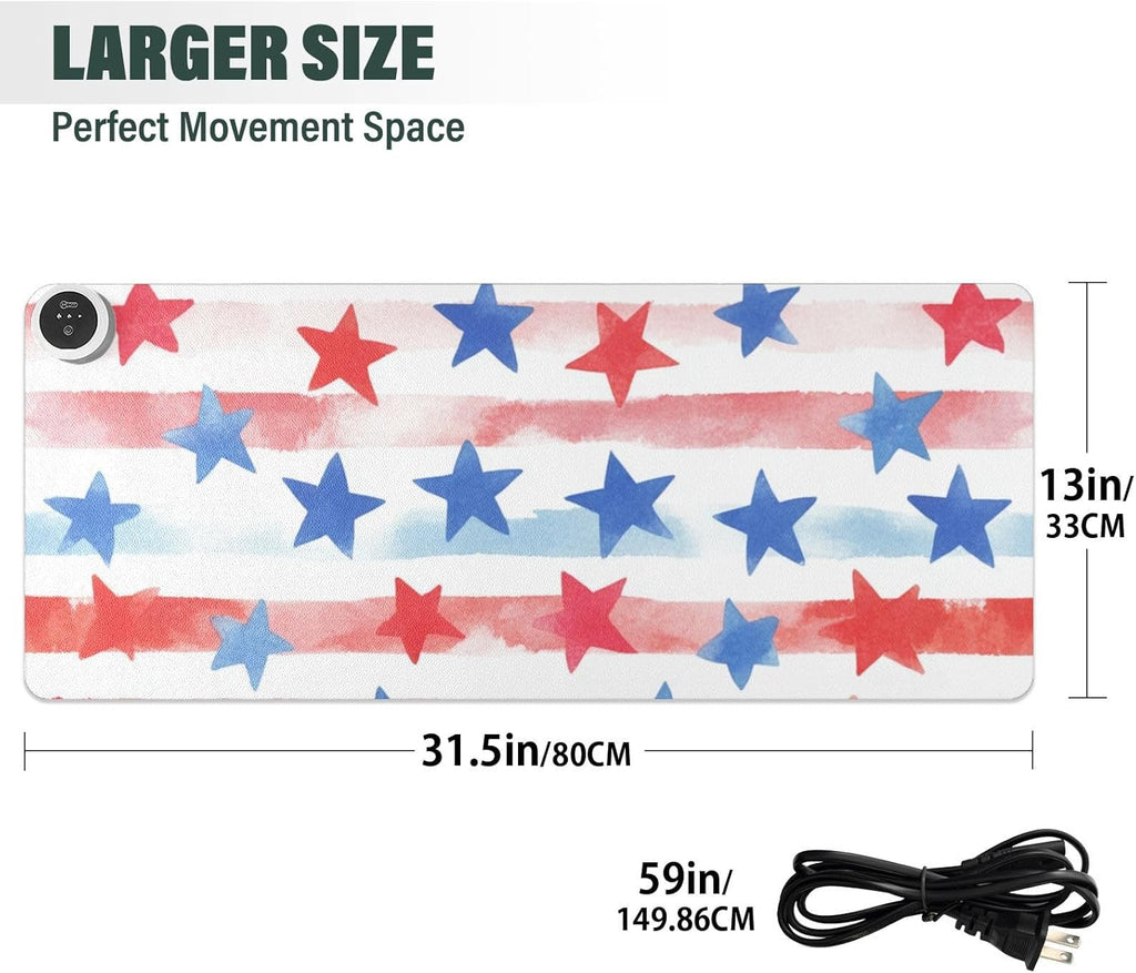 Heated Desk Pad Mouse Pad 31.5x13 Inch PU Leather Desk Mat with 3 Heat Levels Large Mouse Gaming Computer Laptop Mat July 4th Stripes Stars White