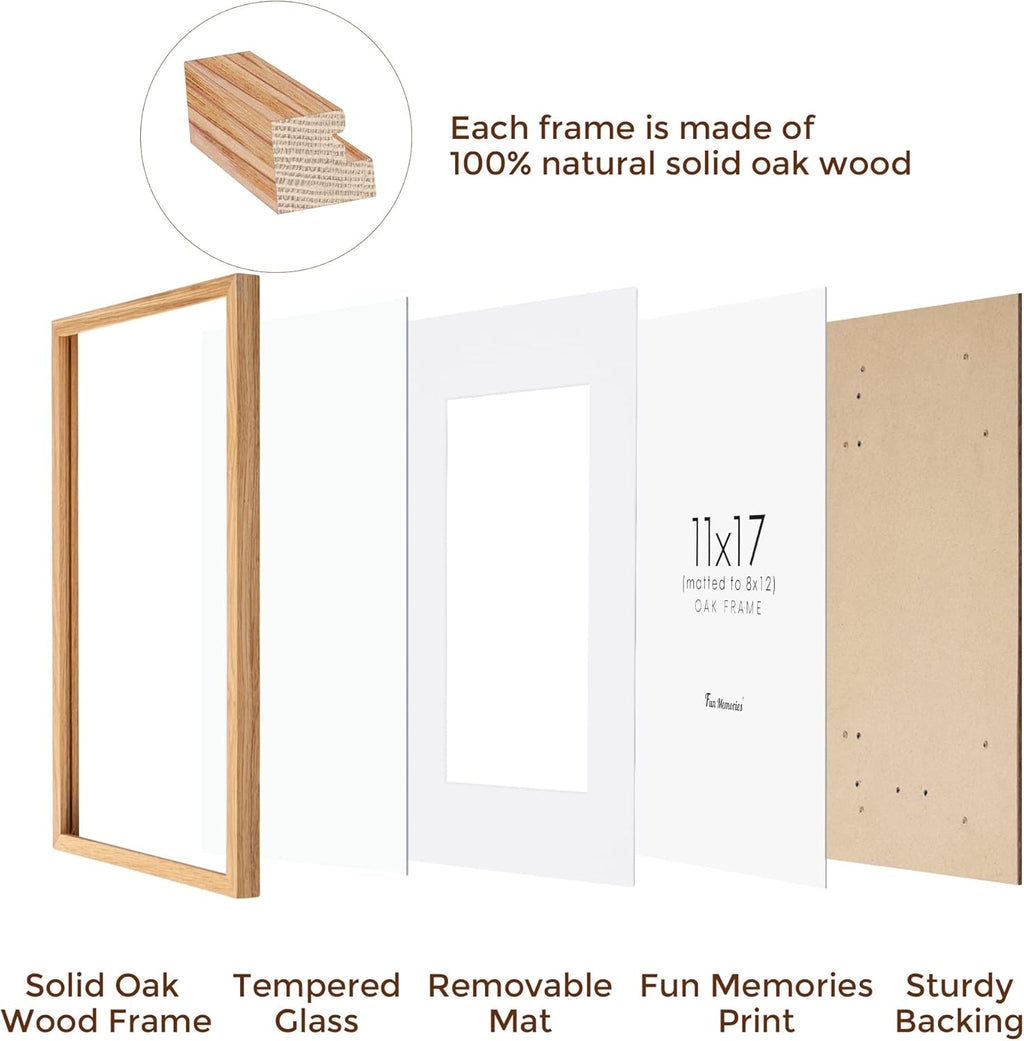 11x17 Picture Frame Set of 3, Solid Oak Wood Photo Frames 11"x17", 11 by 17 Poster Frames for Wall, 11 x 17 Frame with Mat for 8 x 12, Tempered Real Glass, 11x17 Inch Wood Frames (Oak Color, 3 Pack)