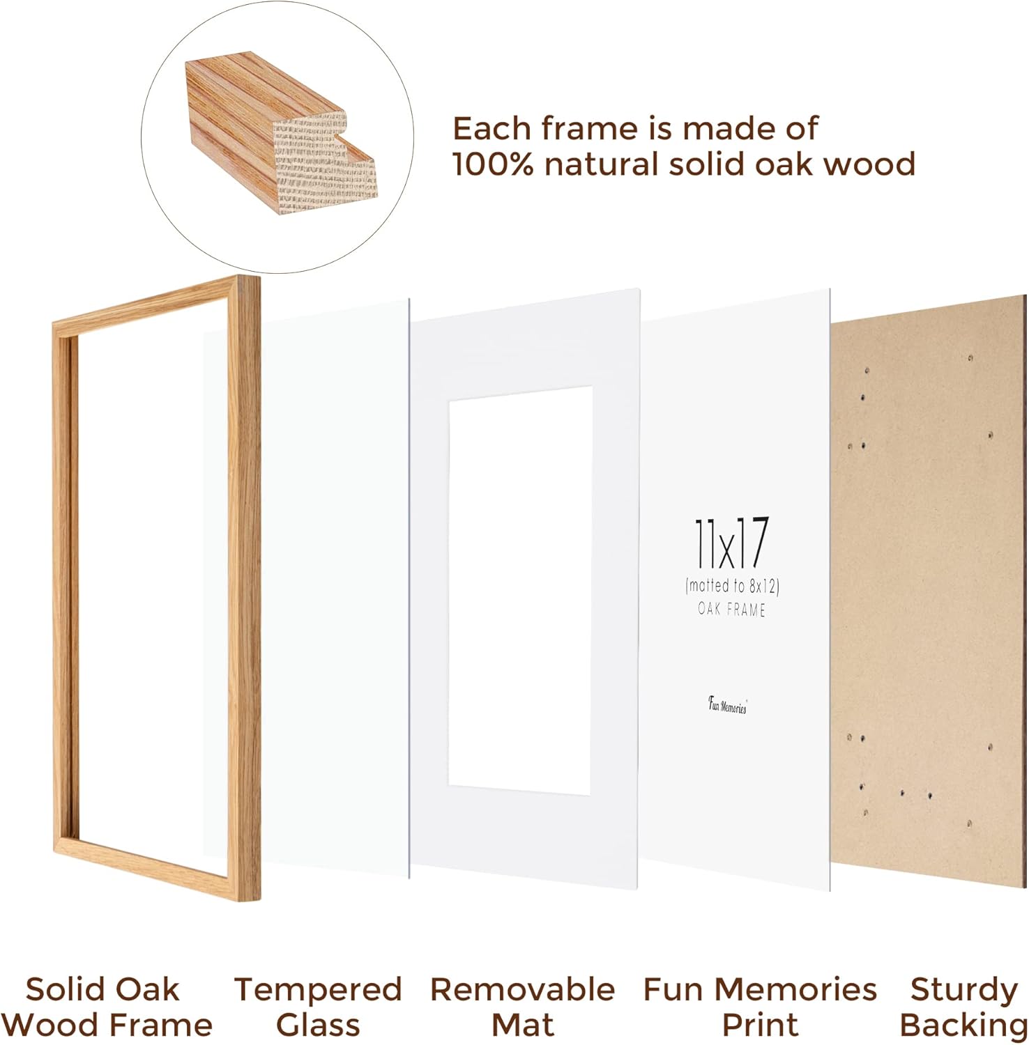11x17 Picture Frame Set of 3, Solid Oak Wood Photo Frames 11"x17", 11 by 17 Poster Frames for Wall, 11 x 17 Frame with Mat for 8 x 12, Tempered Real Glass, 11x17 Inch Wood Frames (Oak Color, 3 Pack)