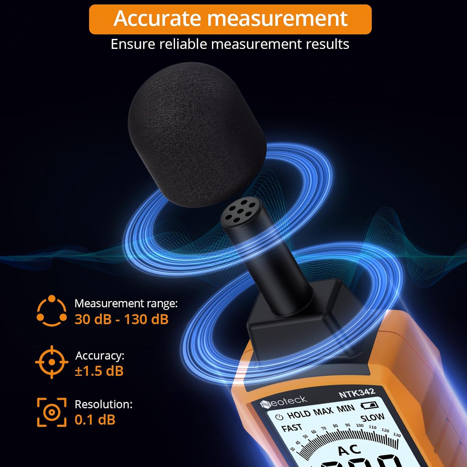 Neoteck 30-130dB Decibel Meter with A/C Weighted Digital Sound Level Meter with MAX/MIN Fast/Slow Response Rate Portable Backlight SPL Meter with Data Hold for Home Office Factories Noisy Neighbors