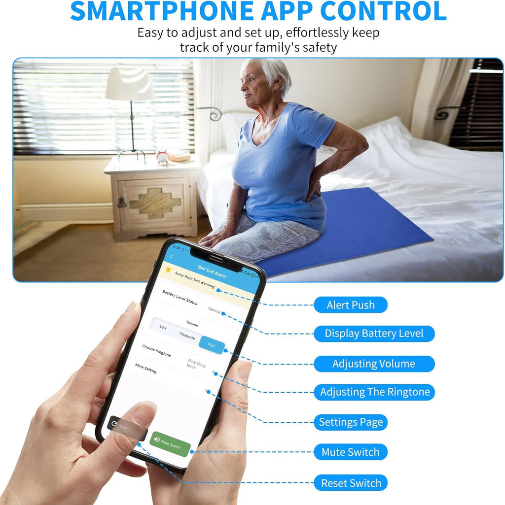 Briidea Wi-Fi Bed Alarm & Fall Prevention System for Elderly, Wireless 20''×28'' Bed Pad with Instant App Alerts, 300ft Coverage, Ideal for Home Care