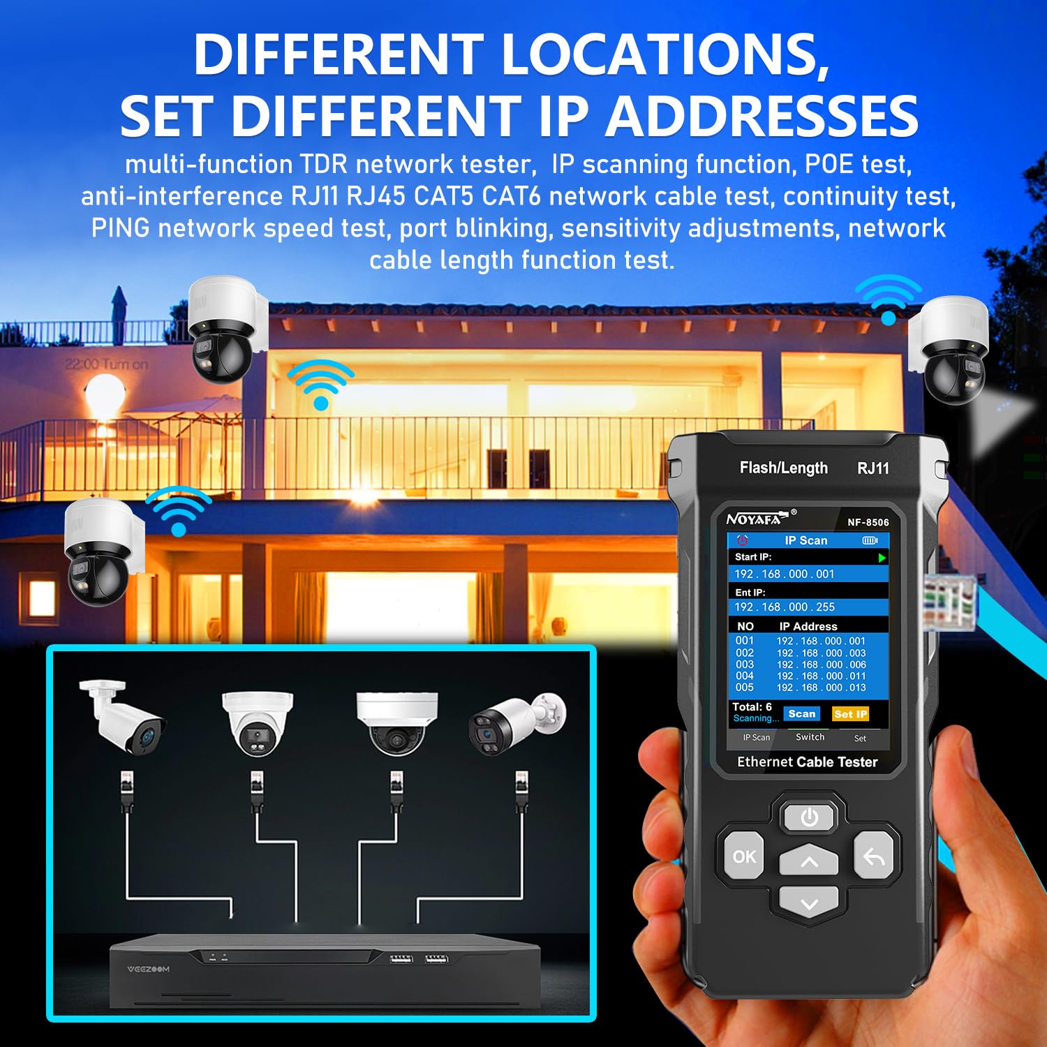 NF-8506 Network Cable Tester with IP Scanne Network Rate Test,/NCV POE/Ping/TDR CAT5 CAT6,Network Tester Cable Toner for RJ11 RJ45 LAN Ethernet Cable Tester Telephone Cable Finder Network Tool