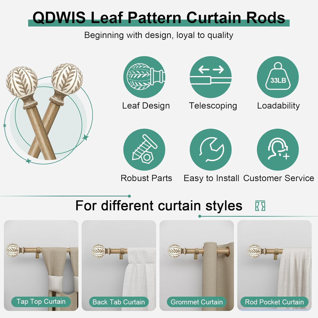Boho Wood Curtain Rods for Windows 72 to 144 inch,1" Adjustable Heavy Duty Window Curtain Rod with Imitation Wood Grain Finials,Rustic Decorative Drapery Rods Set,Size:36-150'',Weathered Wood
