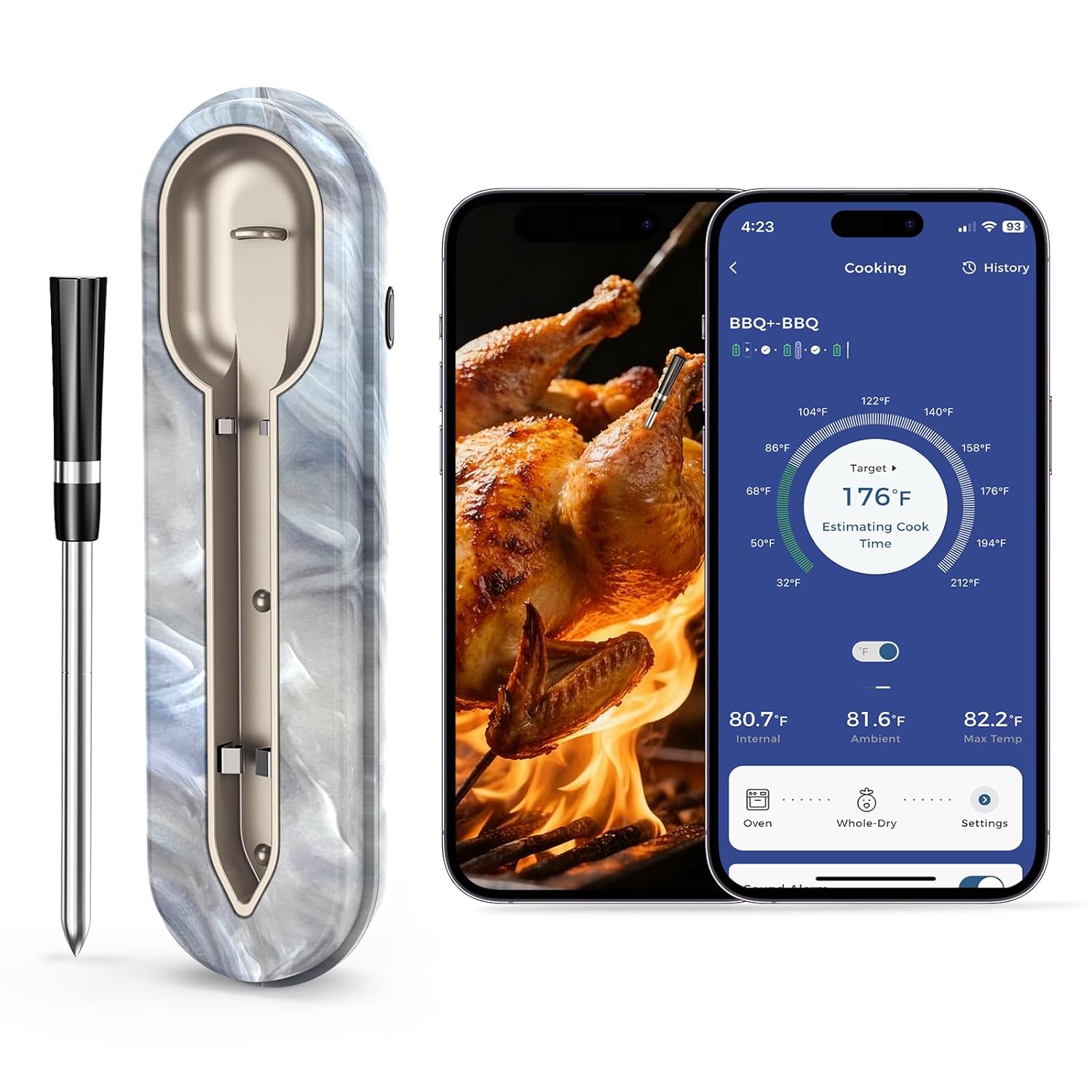 Aurasky Wireless Meat Thermometer with Unique Stone Texture, Smart Bluetooth APP Control, 500 Ft Remote Range, Dual Alarm, Waterproof Cooking Meat Thermometer for Grilling, Smoking, Family BBQ, Oven