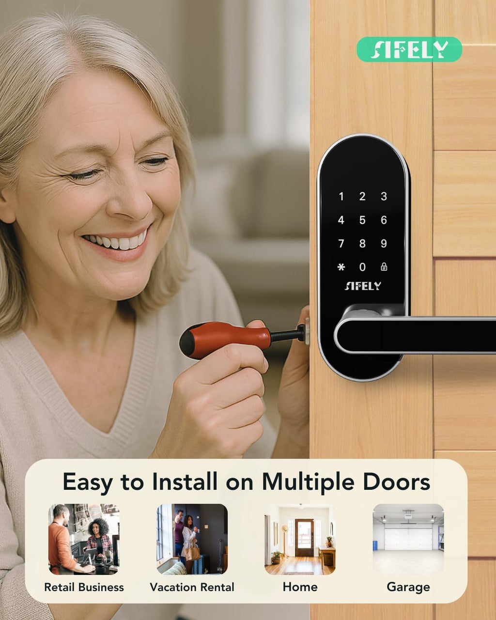 Built-in WiFi Smart Door Lock with Handle – Keyless Entry via App, Codes, Cards, Key, Voice & Remote Unlock, Auto-Lock, Access Logs, Family Sharing, Works with Alexa & Google, Great for Home & Rental