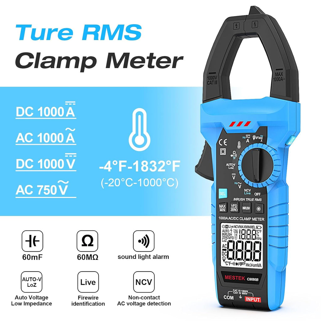 MESTEK Inrush Digital Clamp Meter, TRMS 6000 Counts Multimeter Voltage Tester with VFD & LOZ Mode, 1000A AC/DC Current Amp Meter with Resistance, Capacitance, Diodes, Continuity, Temperature, NCV
