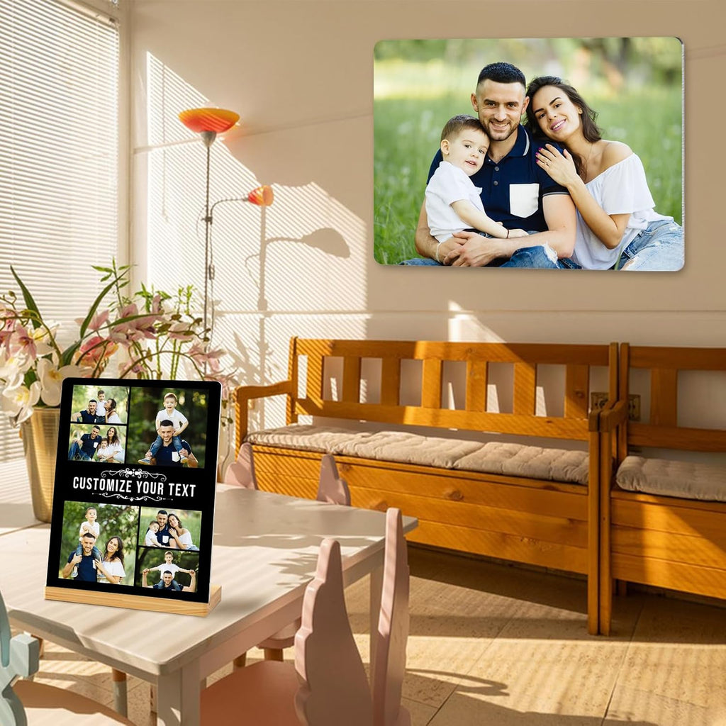 Custom Photo Prints - Metal Desktop Picture Frame with Photos & Name & Wooden Base Personalized Gifts for Family Friends Lovers and Pets, Optional Multiple Sizes