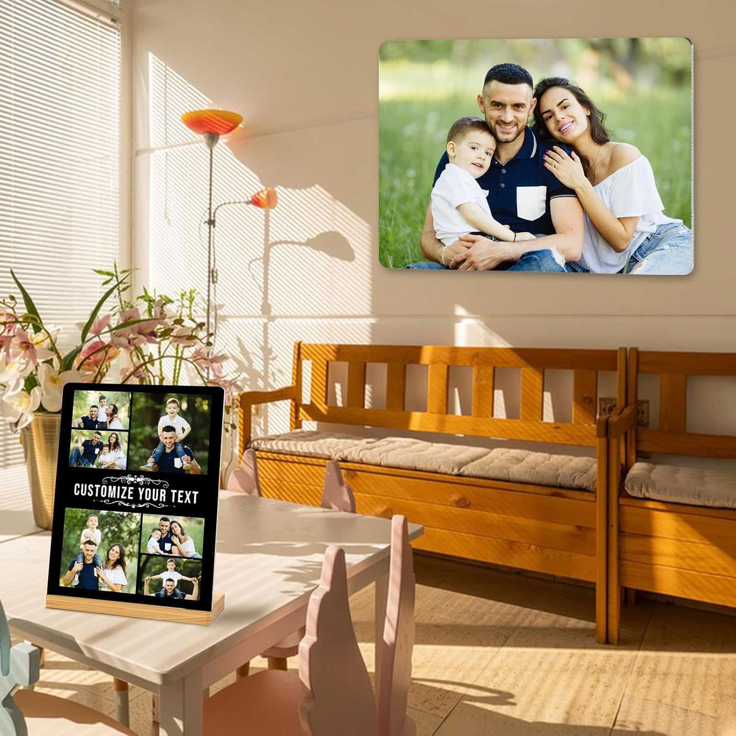 Custom Photo Prints - Metal Desktop Picture Frame with Photos & Name & Wooden Base Personalized Gifts for Family Friends Lovers and Pets, Optional Multiple Sizes