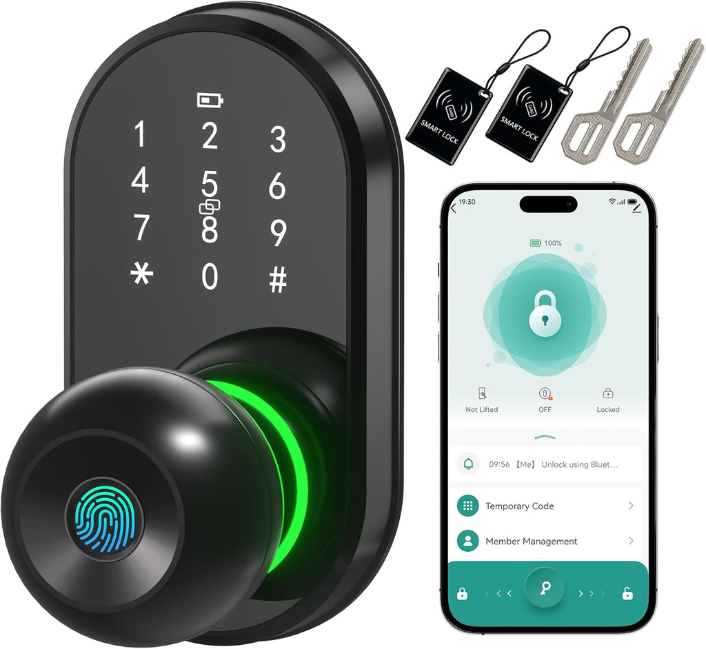 Smart Door Lock Keyless Entry Door Lock with Knob, Keypad Fingerprint Door Lock with Handle, Electronic Digital Code for Front Door, App Remote Control, Easy Installation