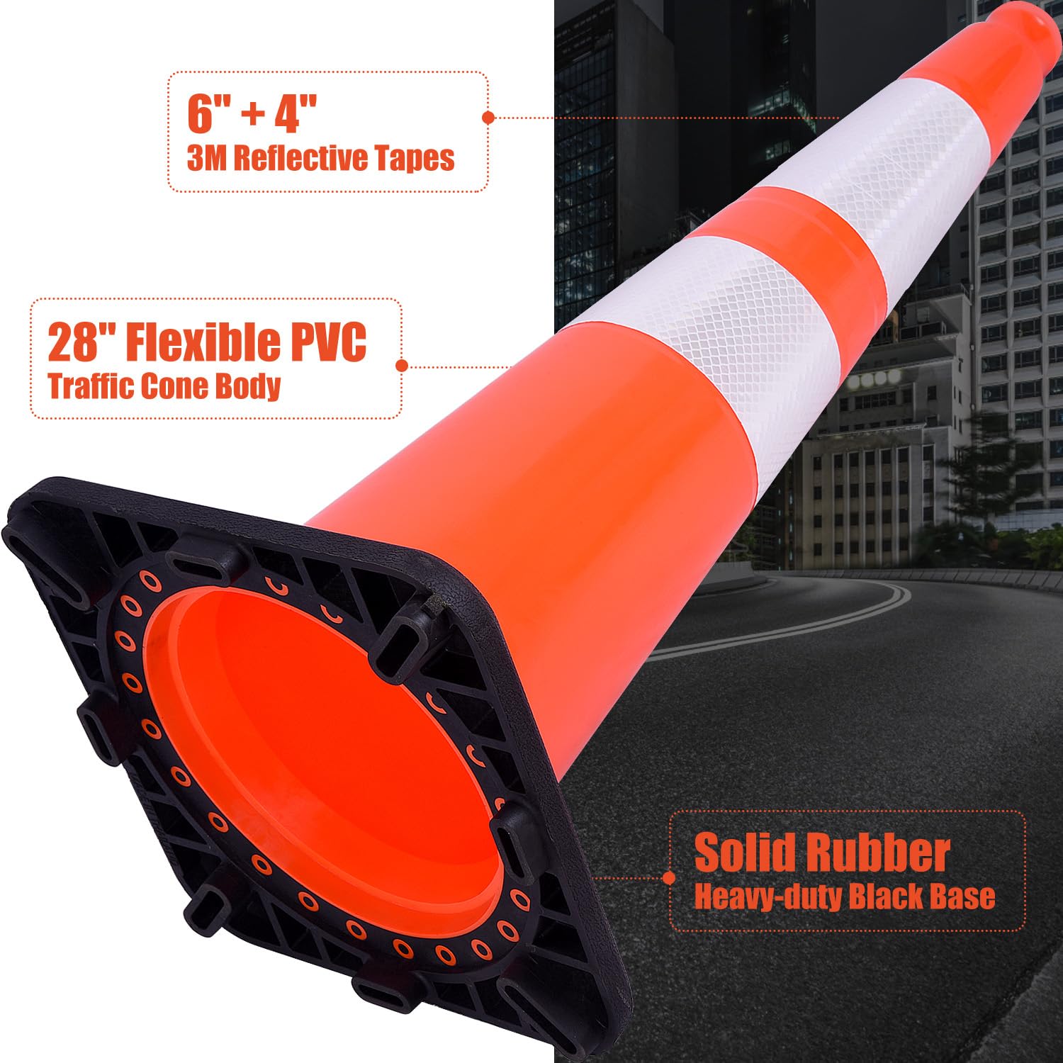 6 Pack 28" Inch Large PVC Traffic Cones with Heavy-Duty Black Base, High-Visibility All-Weather Safety Cones for Road Construction, Parking Lot, Garage Use (6, Orange, 28" Large)