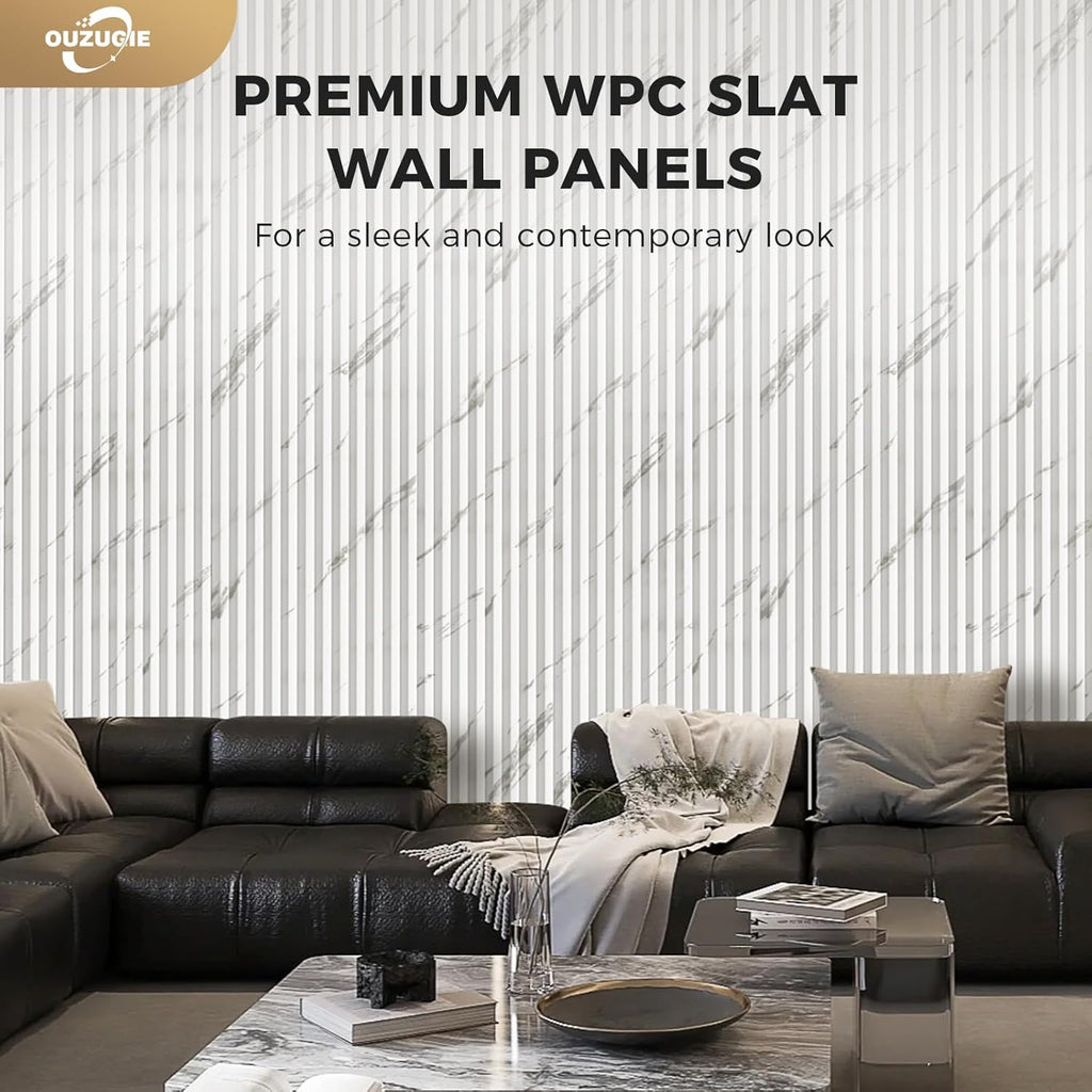 OUZUGIE WPC Acoustic Slat Wall Paneling, 8-Pack 114 x 6 Inches 3D Wall Panels for Interior Wall Decor,Living Room,TV Background,Study Room,Office Spaces,Bedroom,High Grille (White)