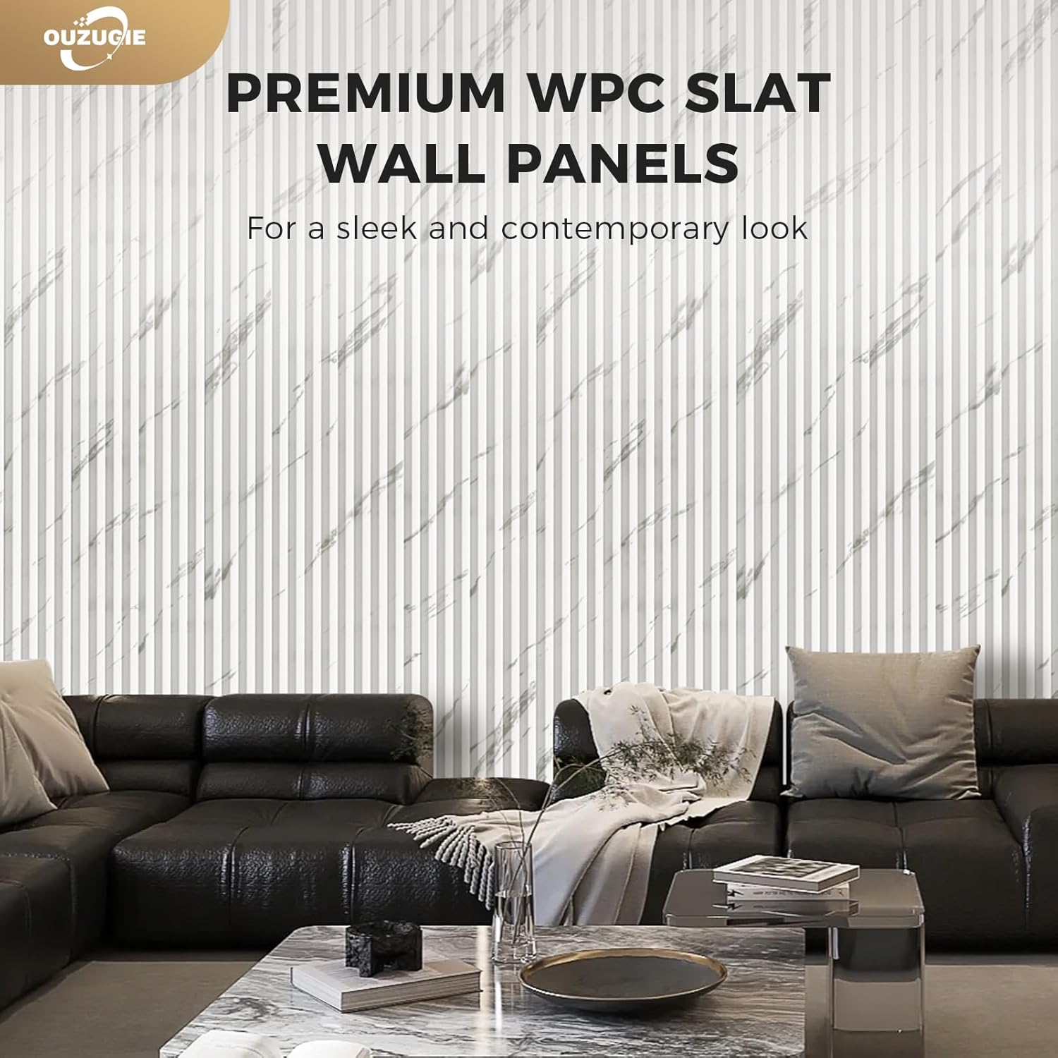 OUZUGIE WPC Acoustic Slat Wall Paneling, 8-Pack 114 x 6 Inches 3D Wall Panels for Interior Wall Decor,Living Room,TV Background,Study Room,Office Spaces,Bedroom,High Grille (White)