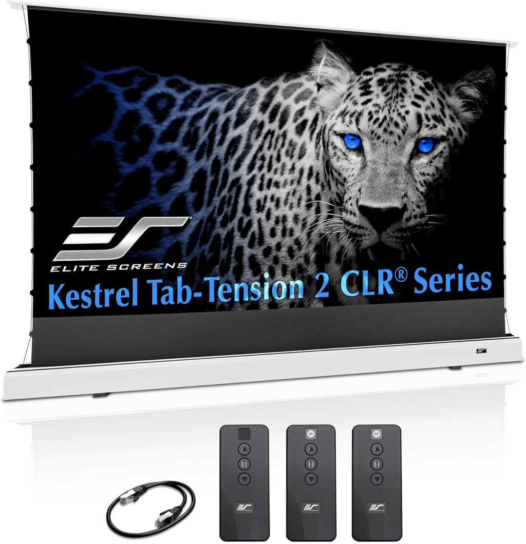 Elite Screens Kestrel Tab-Tension CLR, 121 inch 16:9, Ultra-Short Throw Ceiling Ambient Light Rejecting ALR Electric UST Floor-Rising Projection Motorized Front Projector Screen, FTE121XH3-CLR, White