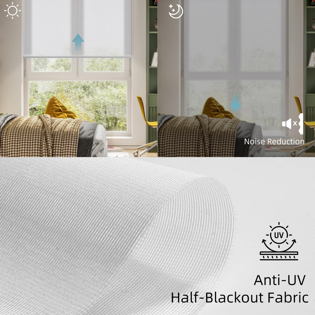 SmartWings Motorized Light Filtering Shades, Work with Matter Homekit Z-Wave Zigbee Alexa Google, 50% Blackout PVC Free Smart Blinds for Windows Cordless Window Shades with Remote Customized, White