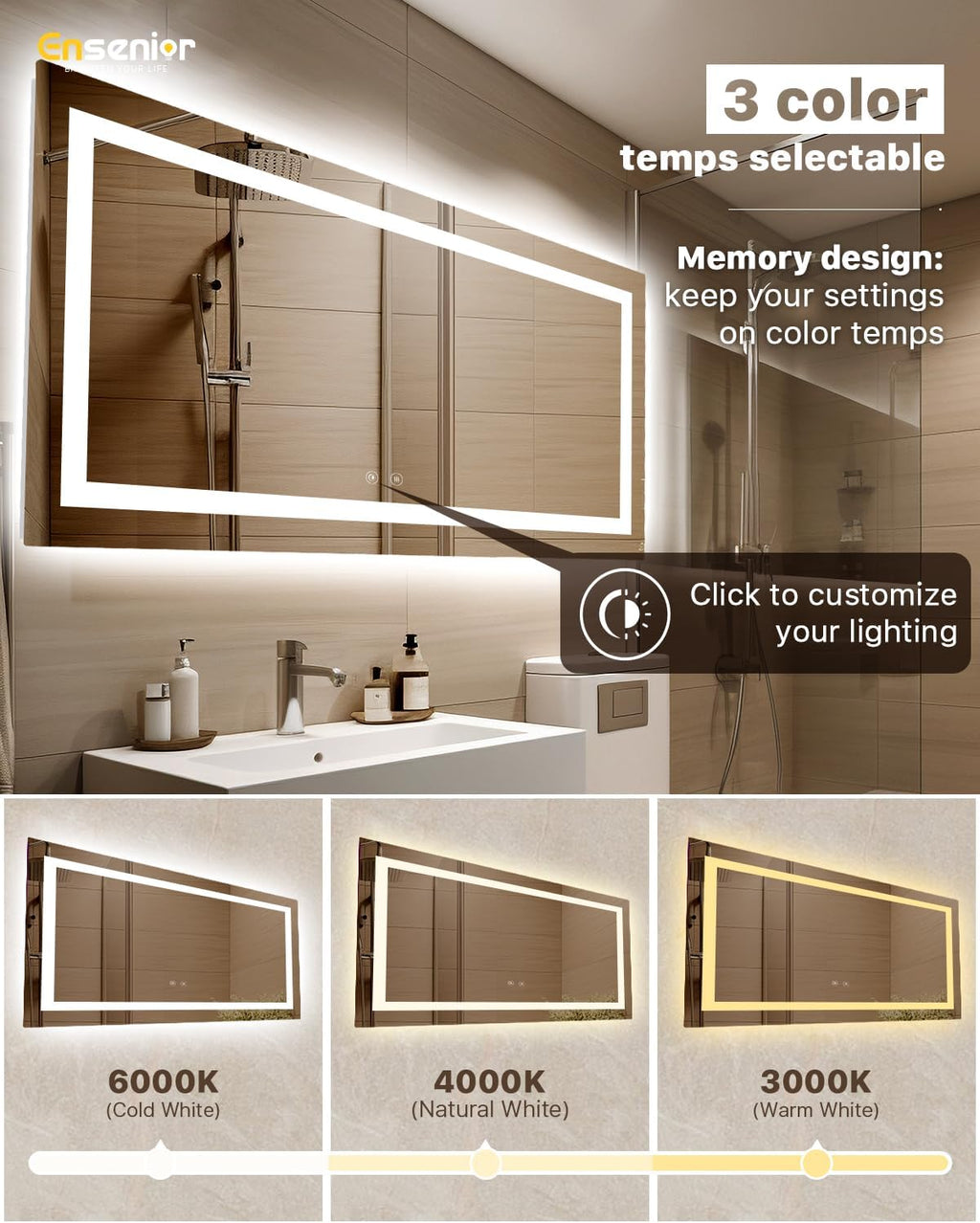 Ensenior LED Bathroom Mirror 72"x36" with Front and Backlight, Stepless Dimmable Wall Mirrors with Anti-Fog, Shatter-Proof, Memory, 3 Colors, Modern LED Vanity Mirror-ETL & FCC