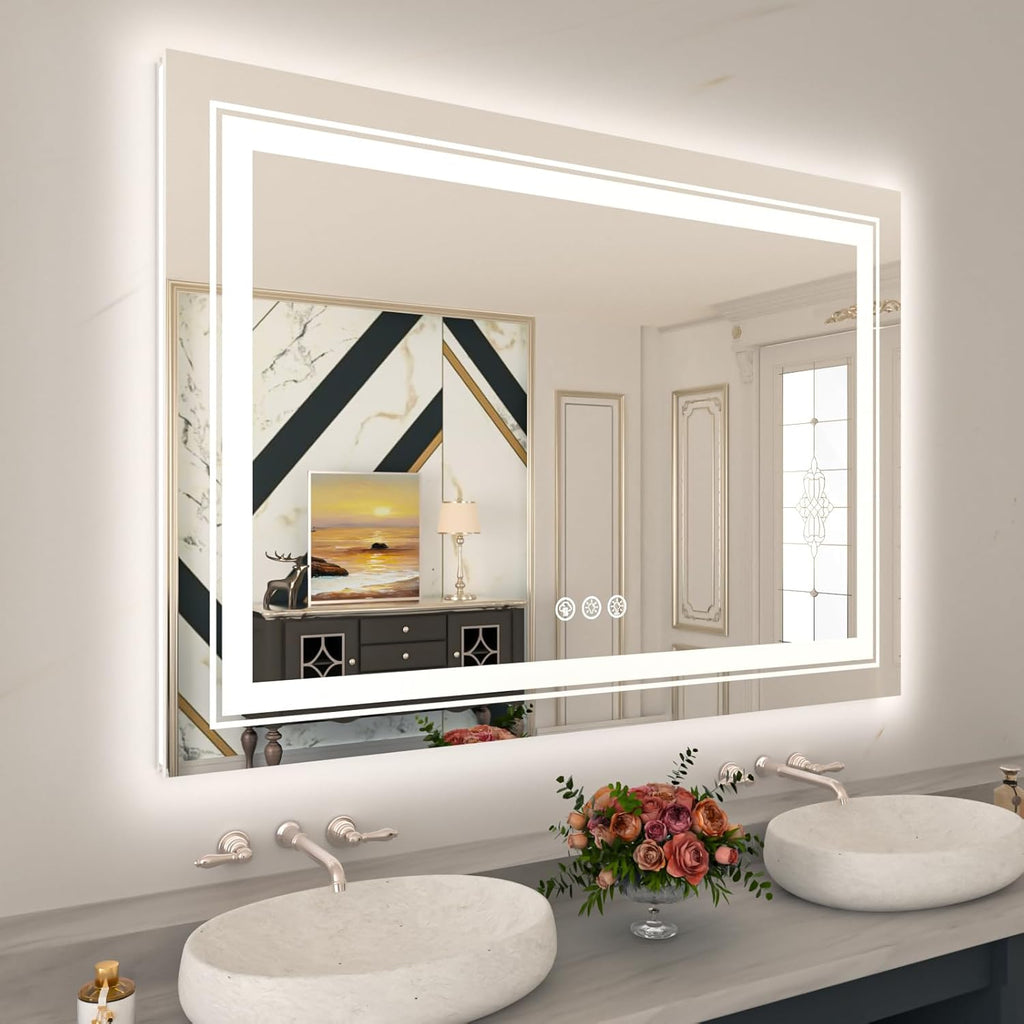 WTTY LED Bathroom Mirror 48"x32" with RGB Backlit and Front Light,Stepless Dimmable LED Mirror for Bathroom,Colored Lighted Bathroom Vanity Mirror,Anti-Fog,Memory Function,Shatter-Proof