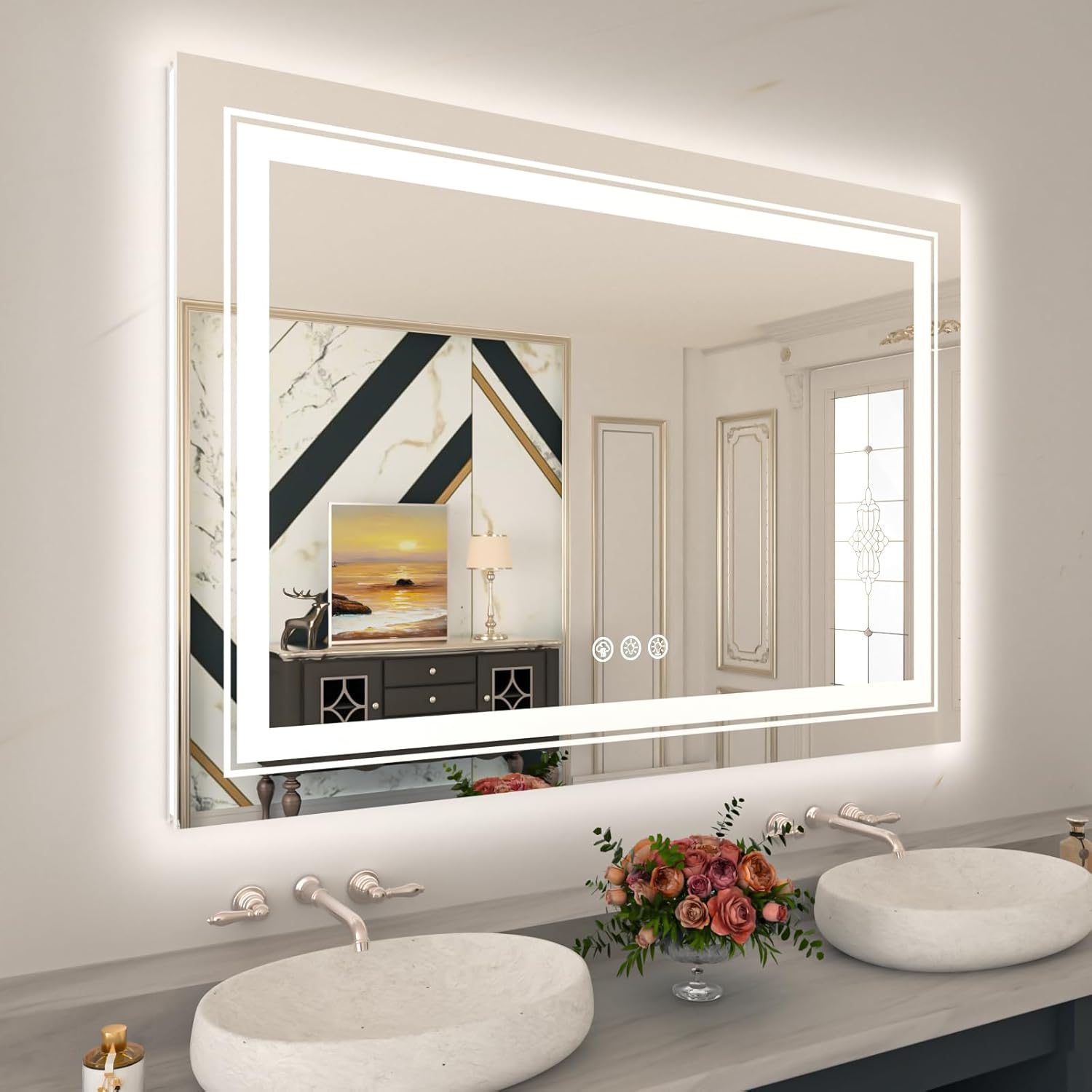 WTTY LED Bathroom Mirror 48"x32" with RGB Backlit and Front Light,Stepless Dimmable LED Mirror for Bathroom,Colored Lighted Bathroom Vanity Mirror,Anti-Fog,Memory Function,Shatter-Proof