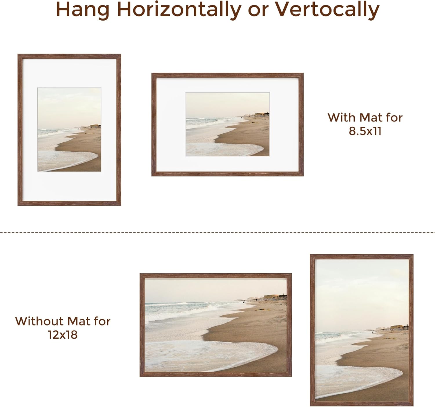 Fun Memories Solid Oak Wood Picture Frame 12"x18" for Wall - Tempered Real Glass, Matted to 8.5x11, Poster Frame (Walnut Color, 1 Pack)