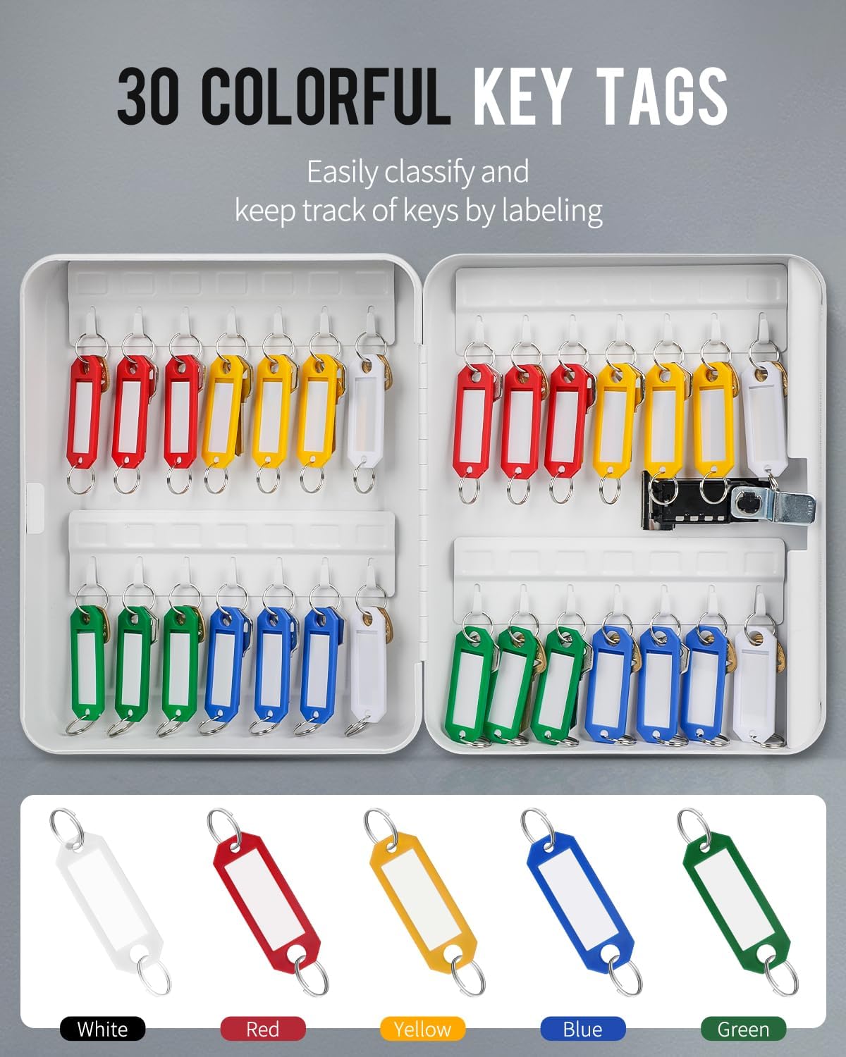Uniclife 28-Key Steel Key Cabinet with Combination Lock Wall Mounted Key Organizer with Resettable Code White Digital Security Box with Hooks and Large Key Tag Labels Identifiers in 5 Assorted Colors