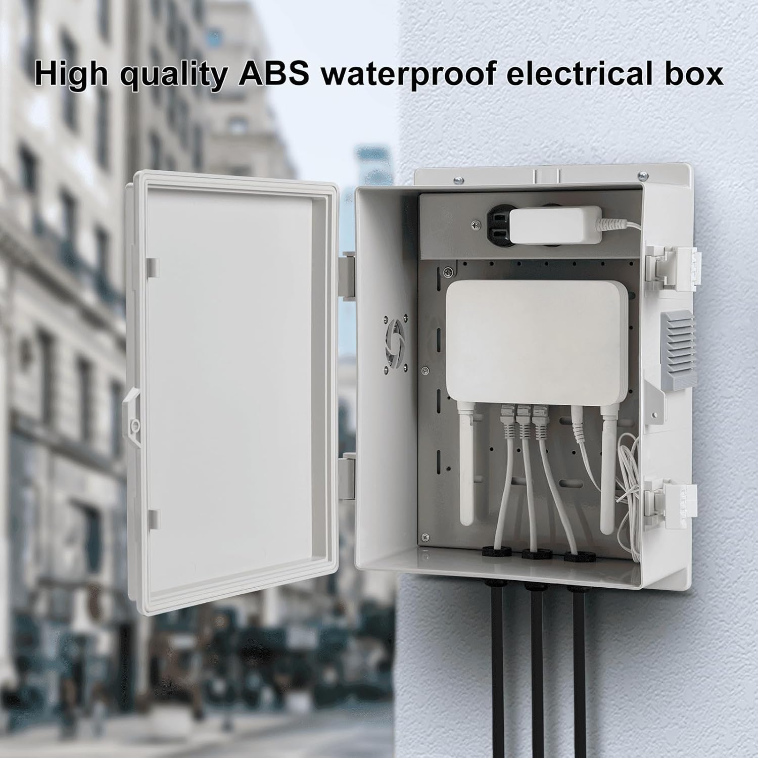 Outdoor Electrical Junction Box, ABS Water Resistant Enclosure with Internal Mounting Panel & Hinged Cover (13" H* 9.2" L* 4.6" W & Outlet)