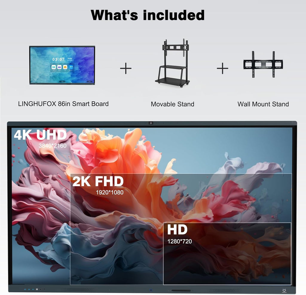 86 Inch Interactive Whiteboard, All in One Electronic Whiteboard for Classroom and Office, 4K Touchscreen Digital Smart Board with Camera and Mics (Board+Movable Stand+Wall Mount)