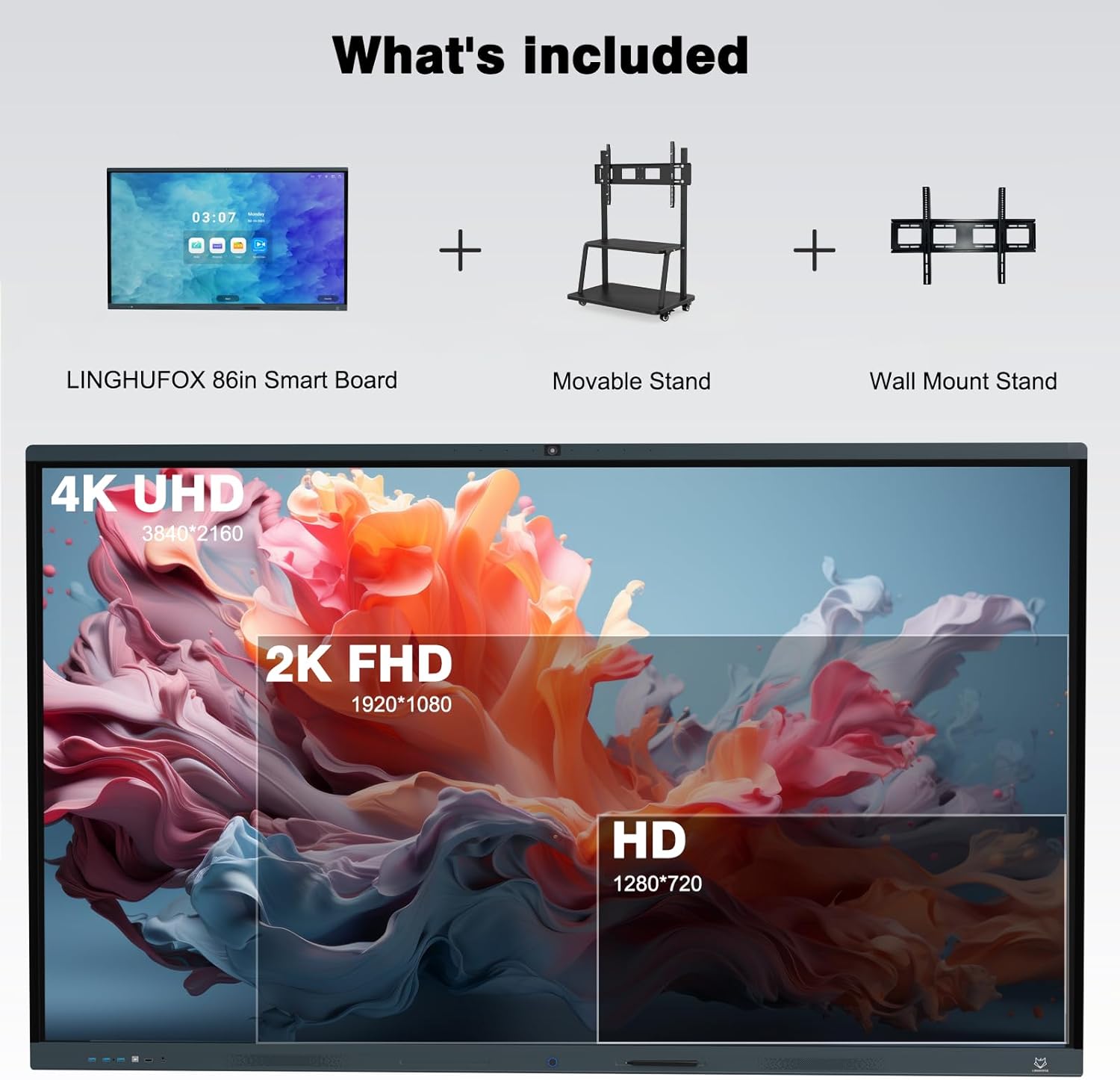 86 Inch Interactive Whiteboard, All in One Electronic Whiteboard for Classroom and Office, 4K Touchscreen Digital Smart Board with Camera and Mics (Board+Movable Stand+Wall Mount)