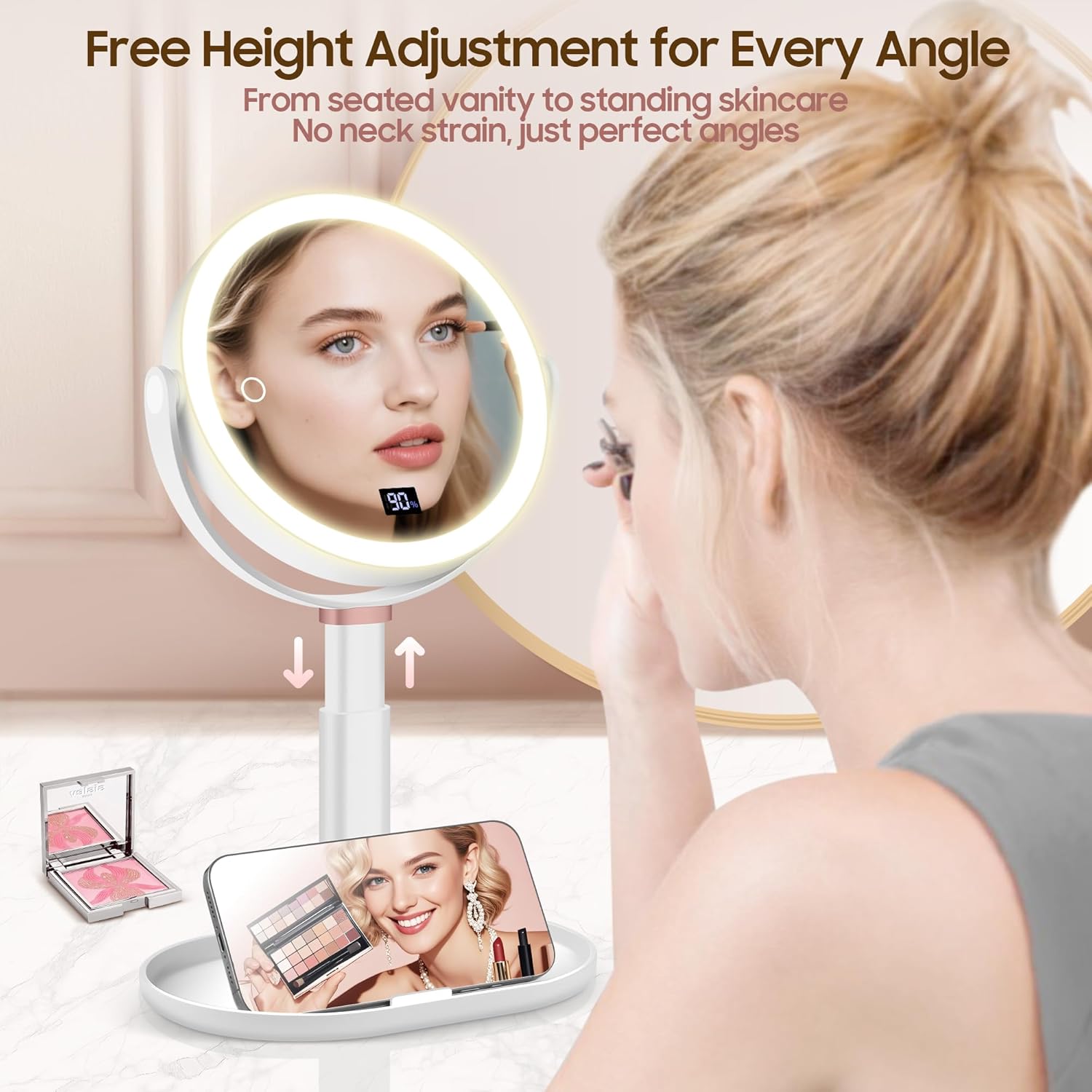 Makeup Magnifying Mirror with Light 30X/1X, Digital Display, 2-Sided Touch Control, Makeup Mirror with 3 Color Lights,360° Rotate, Height Adjustable Lighted Magnifying Mirrors for Desk Travel