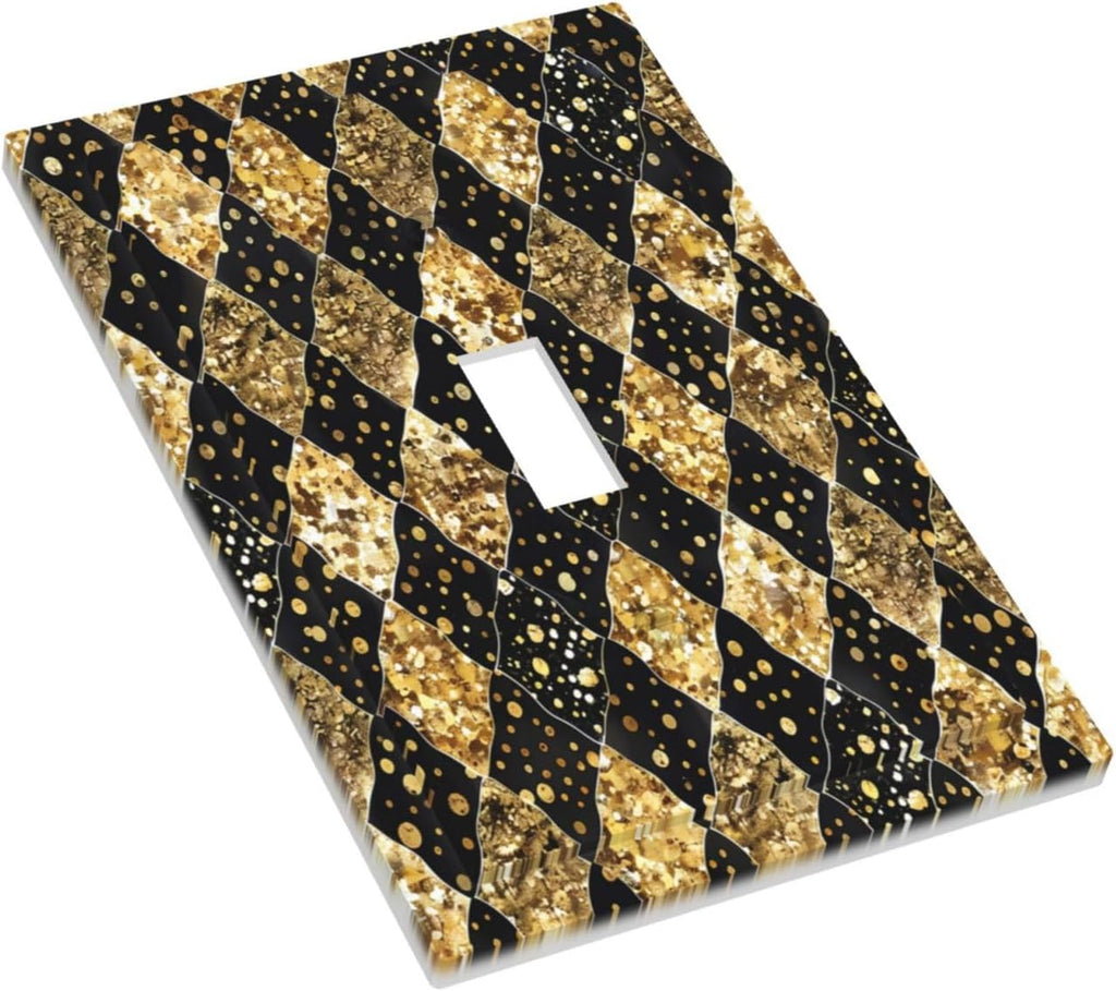 Gold Black Marble Geometric Plaid Glitter Decorative Light Switch Cover 1 Gang Single Toggle Decorator Outlet Wall Plate Device Electrical Faceplate Switchplates for Bedroom Bathroom Decor