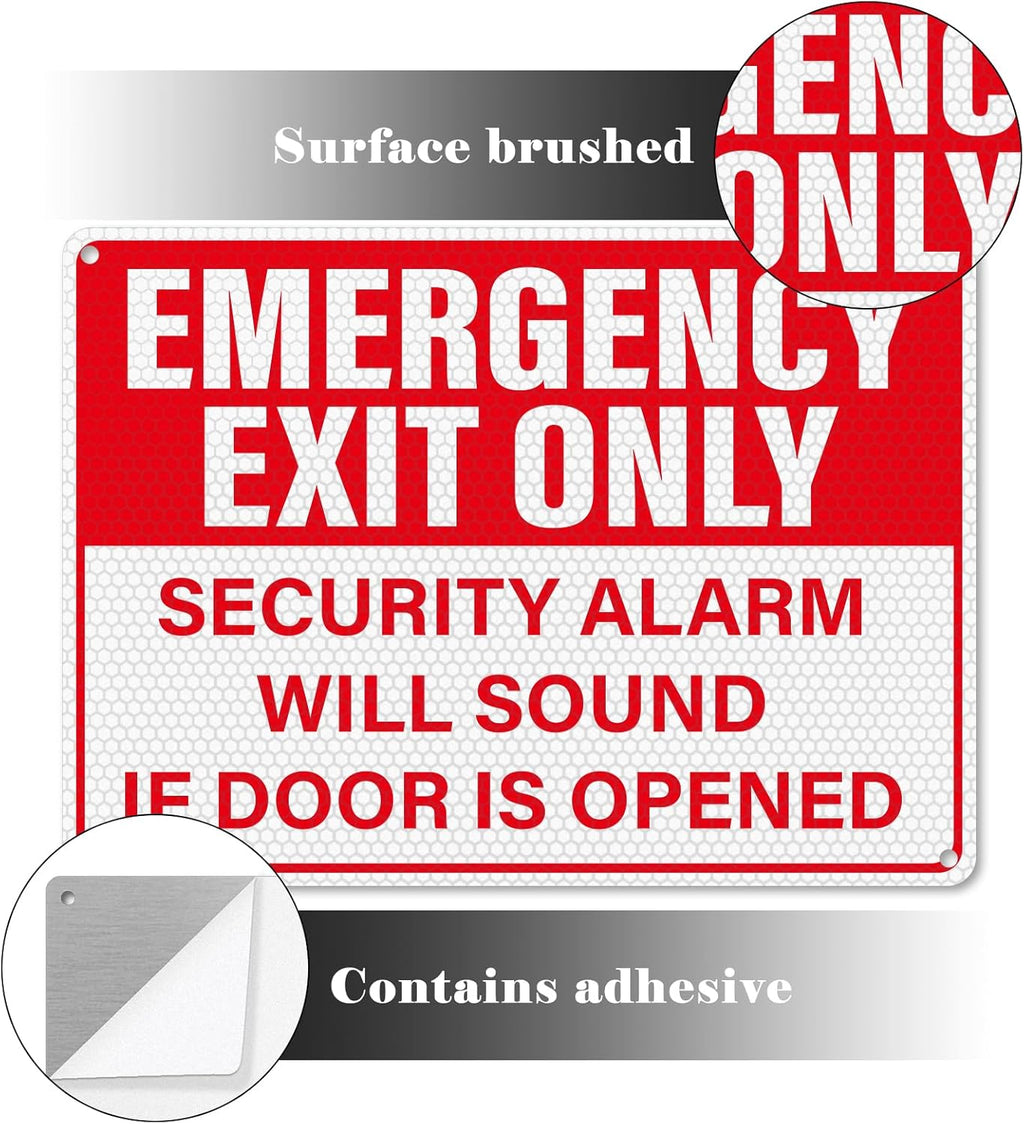 2 Pack Emergency Exit Only - Security Alarm Will Sound If Door Is Opened Sign 10 × 7 Inches Reflective Waterproof Aluminum Safety Signage with Pre-Drilled Holes for Workplace Warehouse