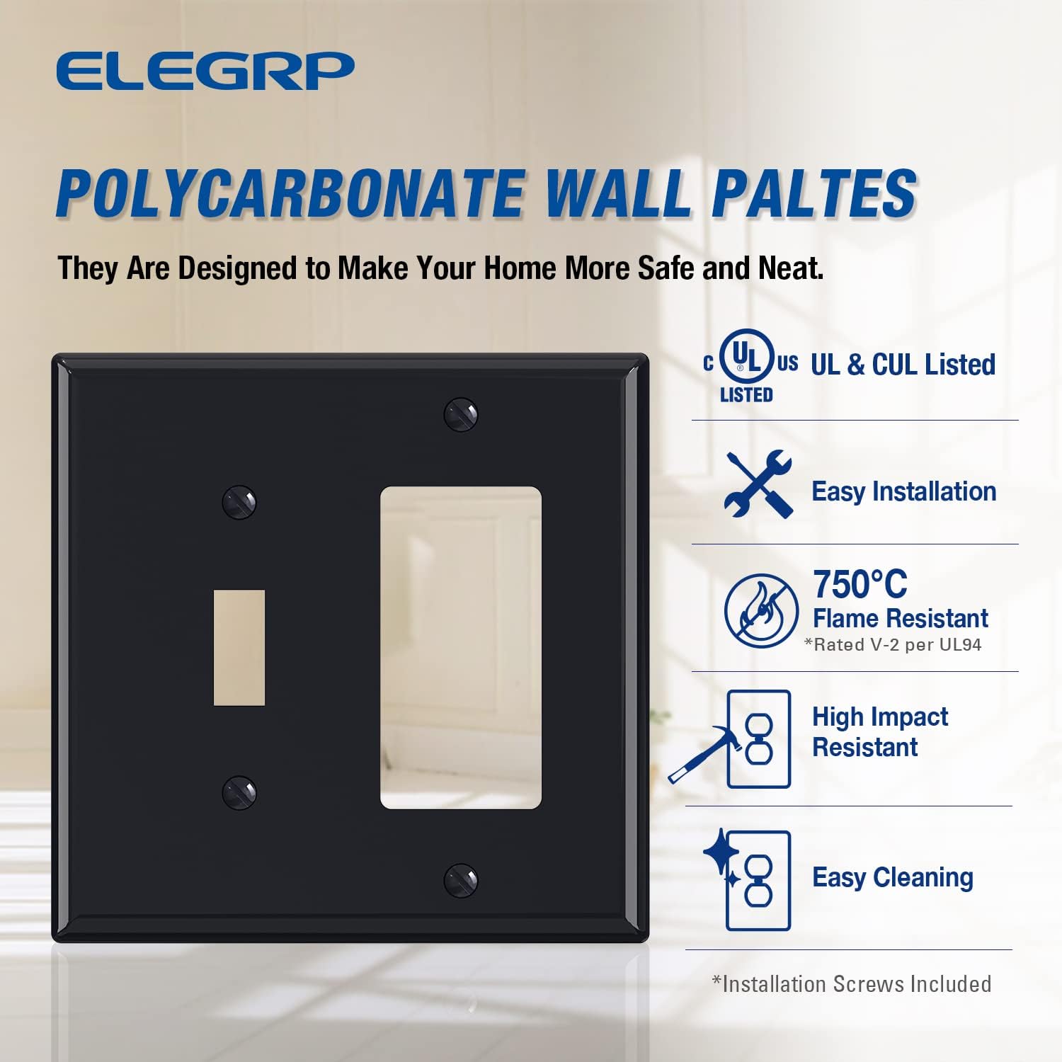 Combination Wall Plate ELEGRP 2-Gang 1-Toggle Light Switch 1-Decorator/GFCI Device Combination Wall Plates, Mid-Size 4.88" x 4.94" Unbreakable Thermoplastic Faceplate Cover, UL (2 Pack, Glossy Black)