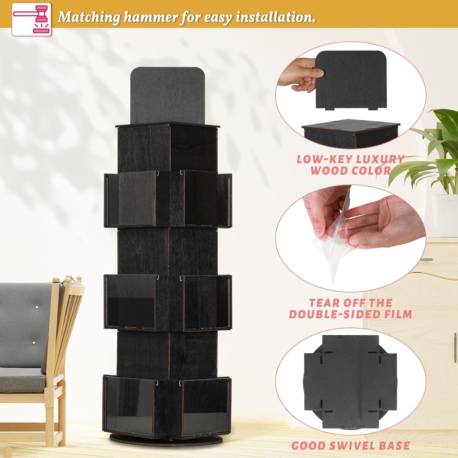 Natheeph Rotating Display Stand Greeting Card Display Wooden Display Rack with Two Card Sticker for Greeting Card Vendor Coffee Bag 3 Tier Tabletop Display Stand (Ebony)