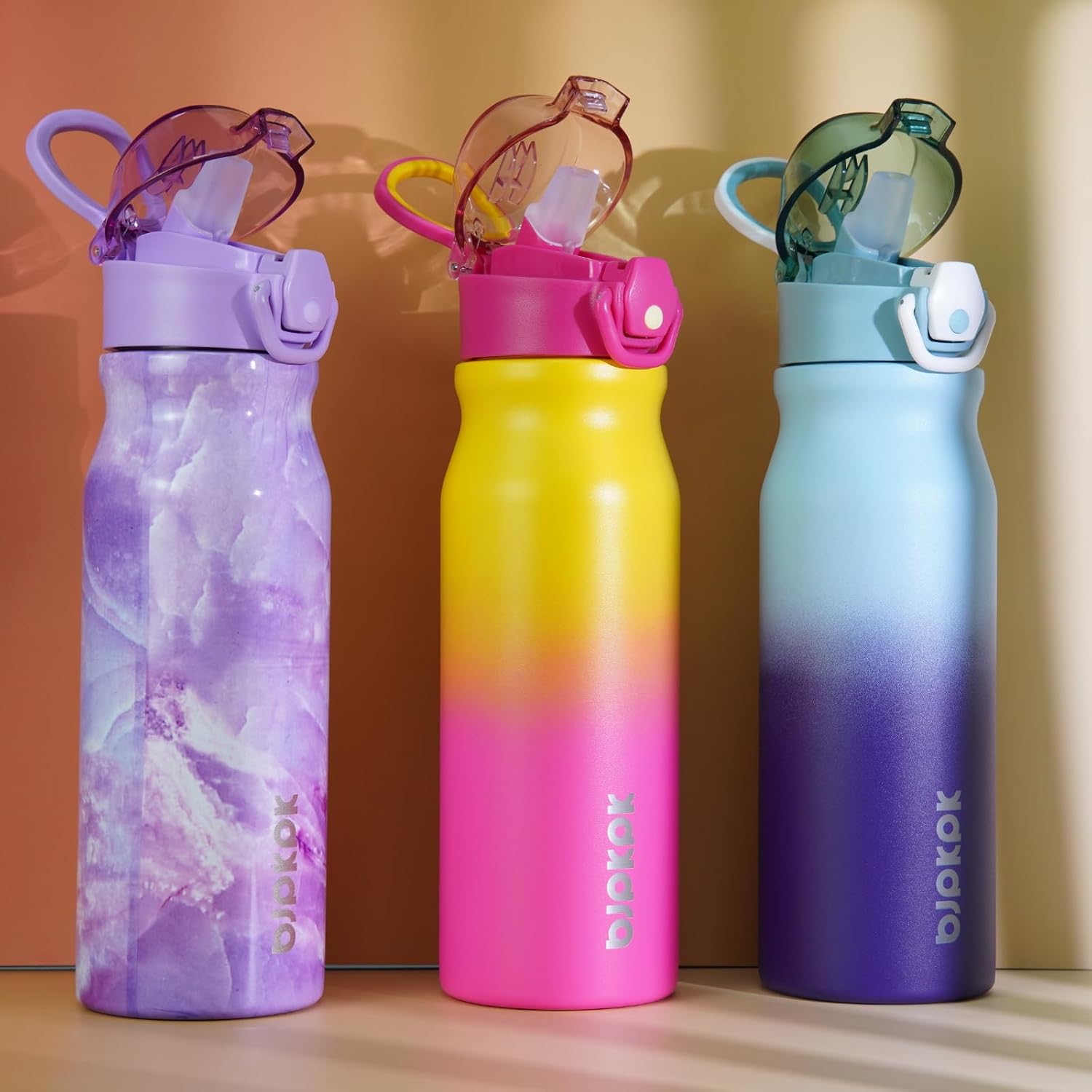 BJPKPK 25oz Insulated Water Bottle with Straw Stainless Steel Double Wall Water Bottles BPA Free Leak Proof Thermal Flask with Lockable Flip Lid and Soft Silicone Spout,Rainbow