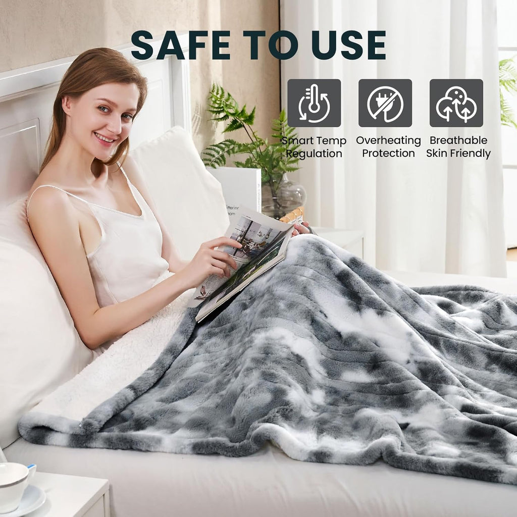 Electric Heated Blanket 84"x90",Luxury Grey Faux Fur Electric Queen Blanket,Fast Heating Soft Fluffy Thick Electric Blanket with 6 Heating Levels & 12H Auto Off